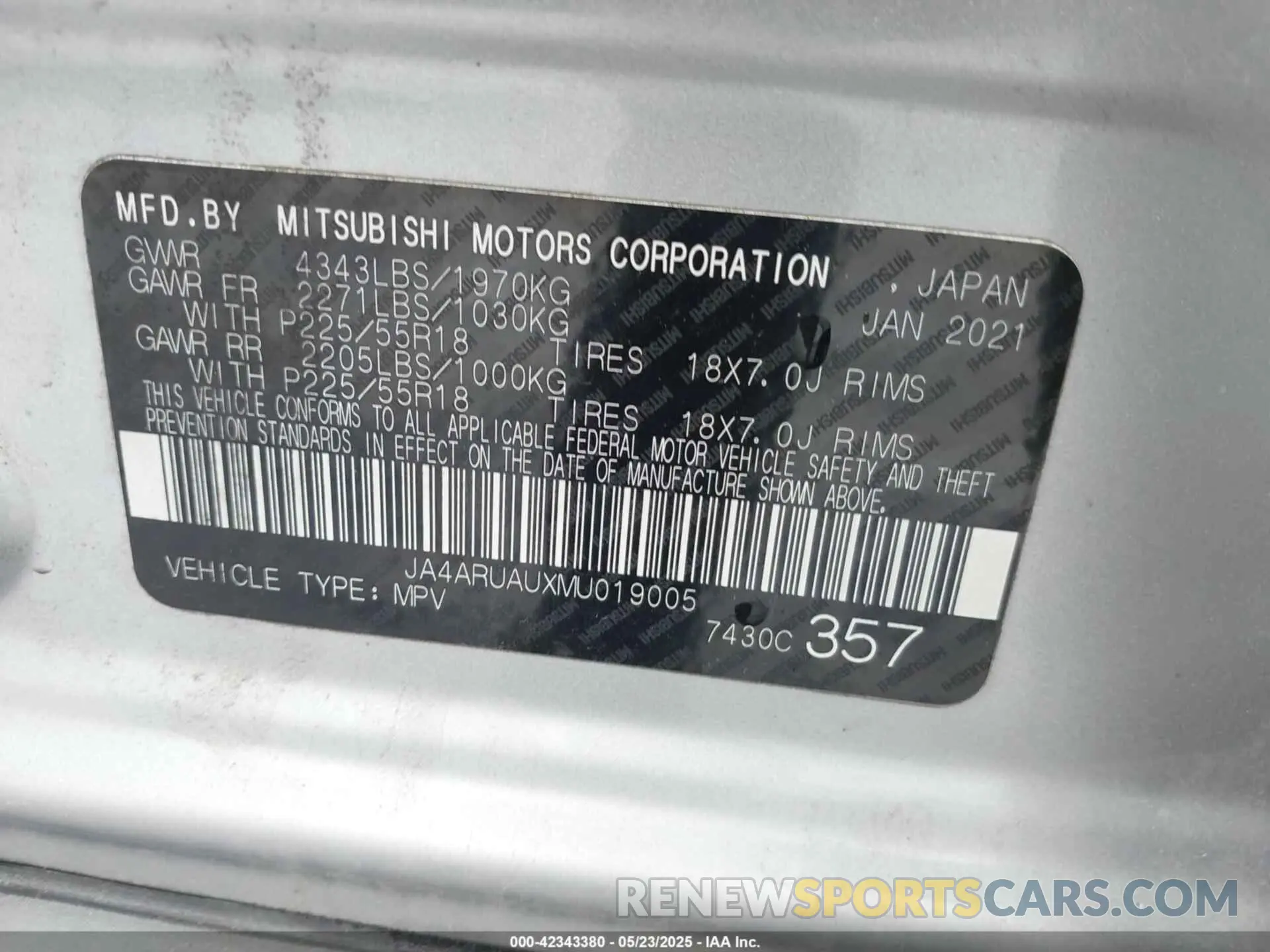 9 Photograph of a damaged car JA4ARUAUXMU019005 MITSUBISHI OUTLANDER SPORT 2021
