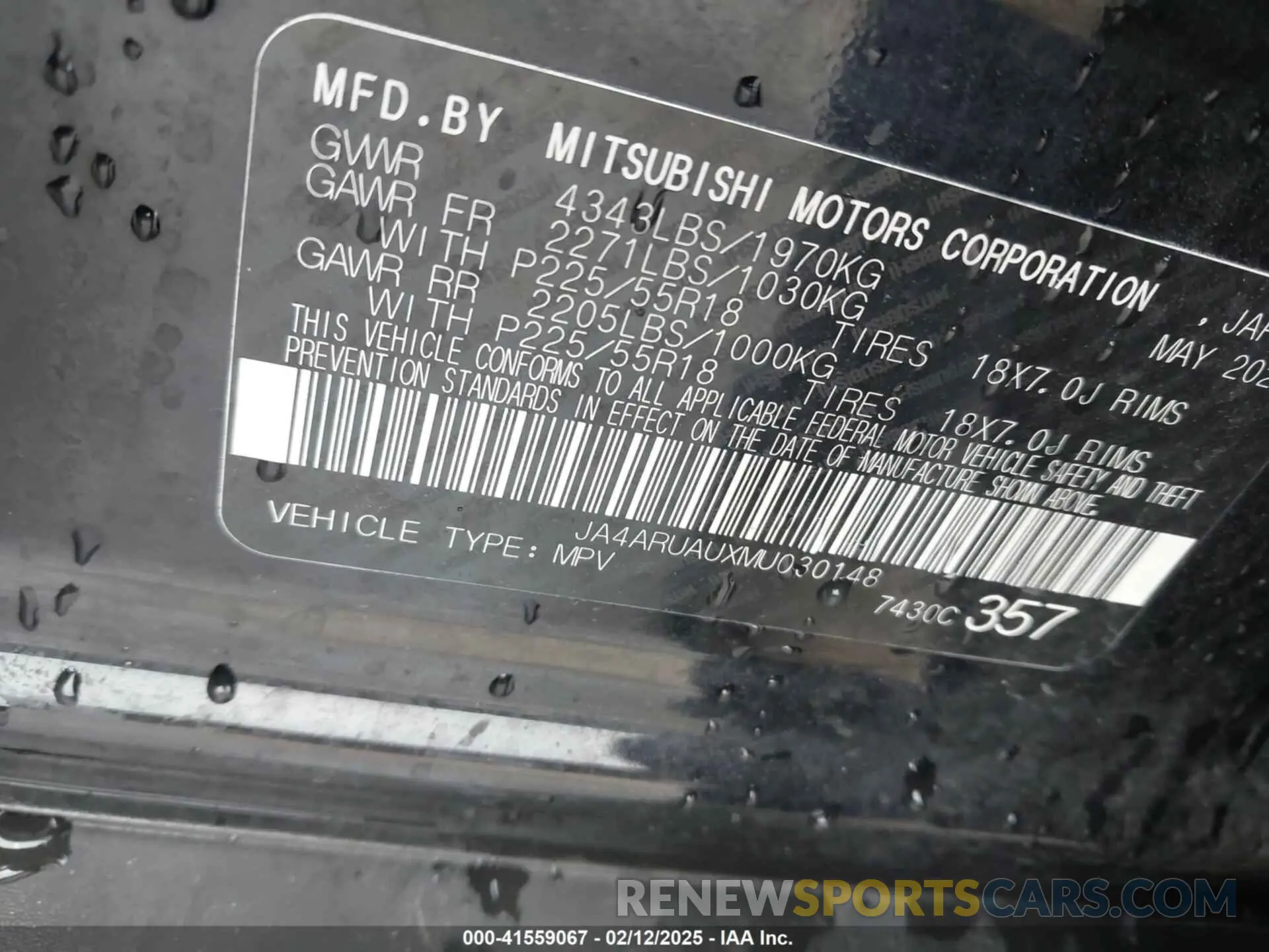 9 Photograph of a damaged car JA4ARUAUXMU030148 MITSUBISHI OUTLANDER SPORT 2021