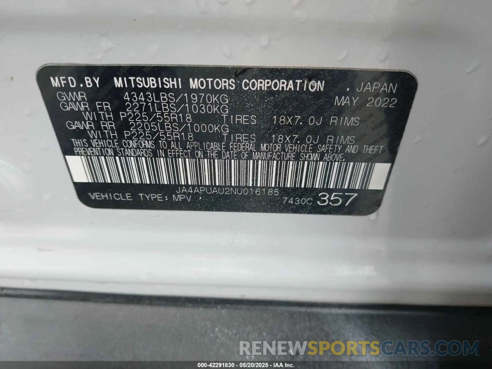 9 Photograph of a damaged car JA4APUAU2NU016185 MITSUBISHI OUTLANDER SPORT 2022