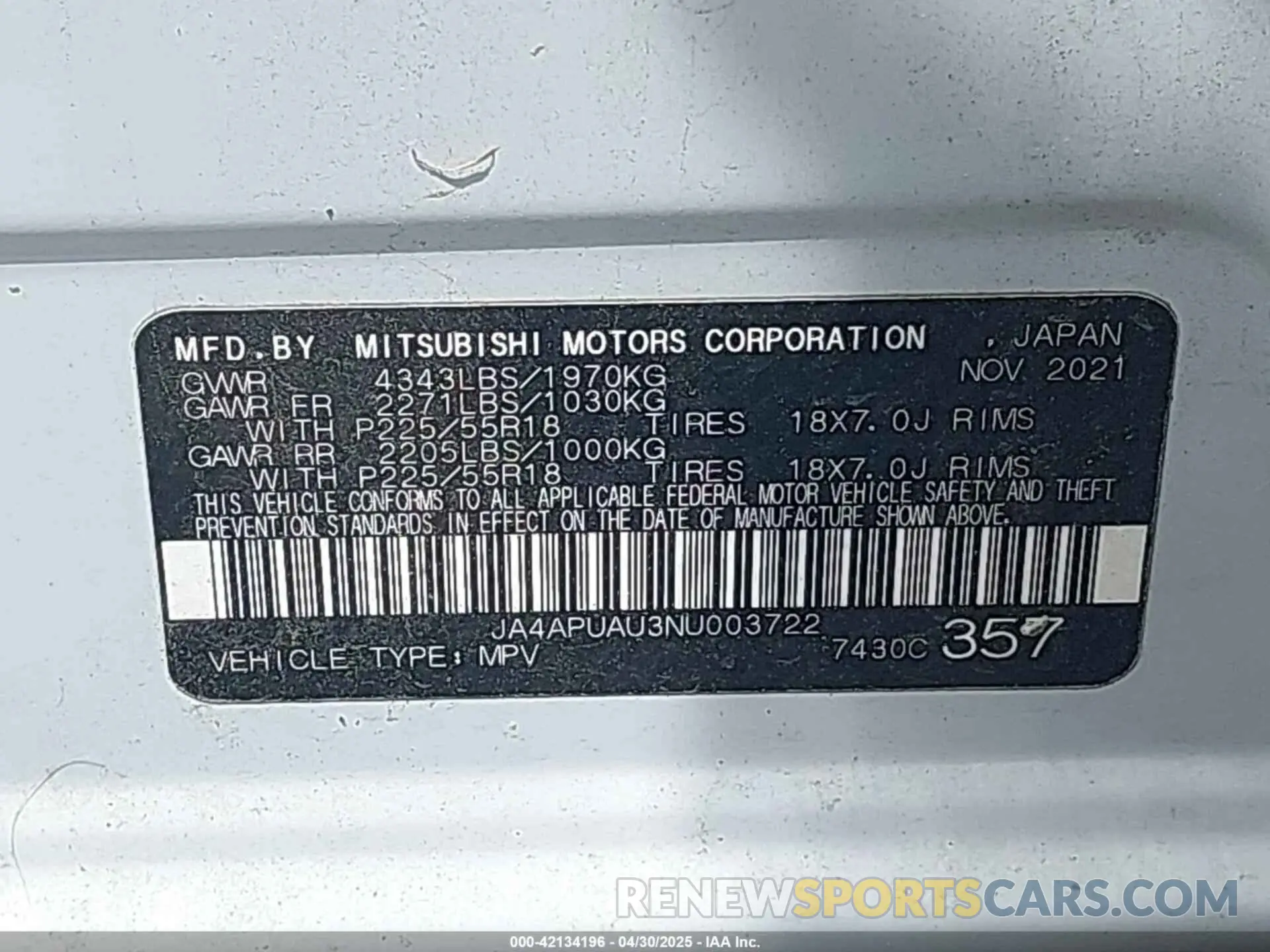 9 Photograph of a damaged car JA4APUAU3NU003722 MITSUBISHI OUTLANDER SPORT 2022