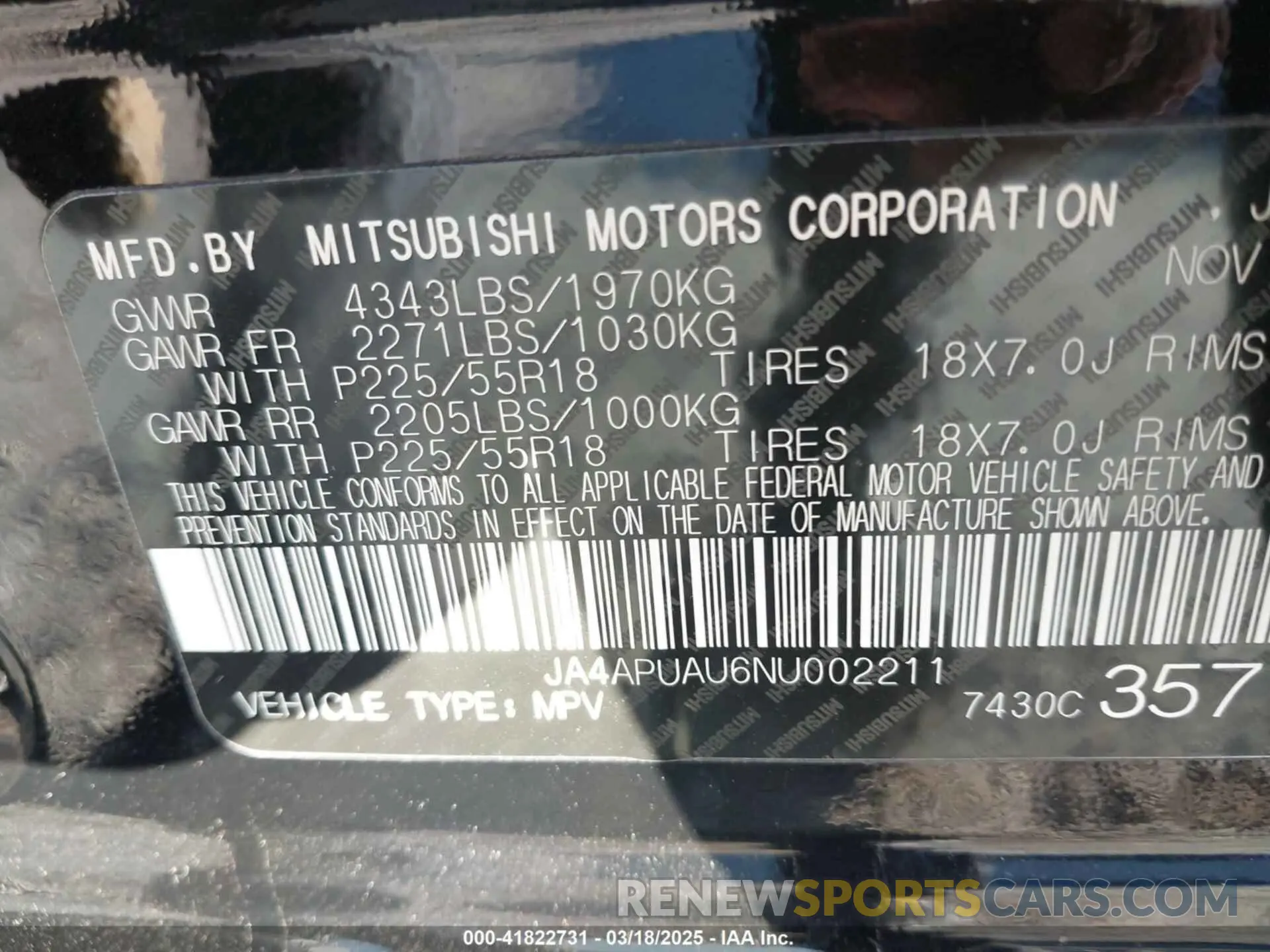 9 Photograph of a damaged car JA4APUAU6NU002211 MITSUBISHI OUTLANDER SPORT 2022