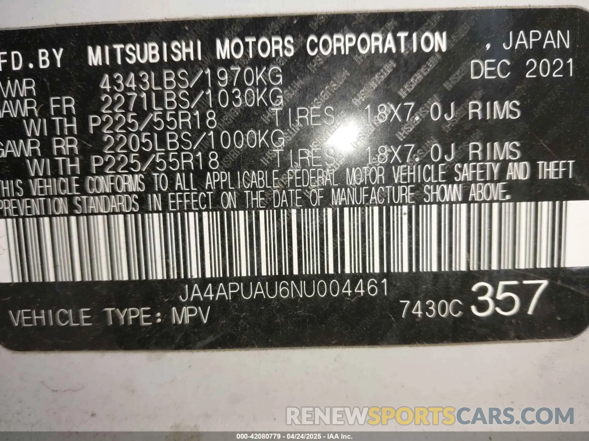 9 Photograph of a damaged car JA4APUAU6NU004461 MITSUBISHI OUTLANDER SPORT 2022