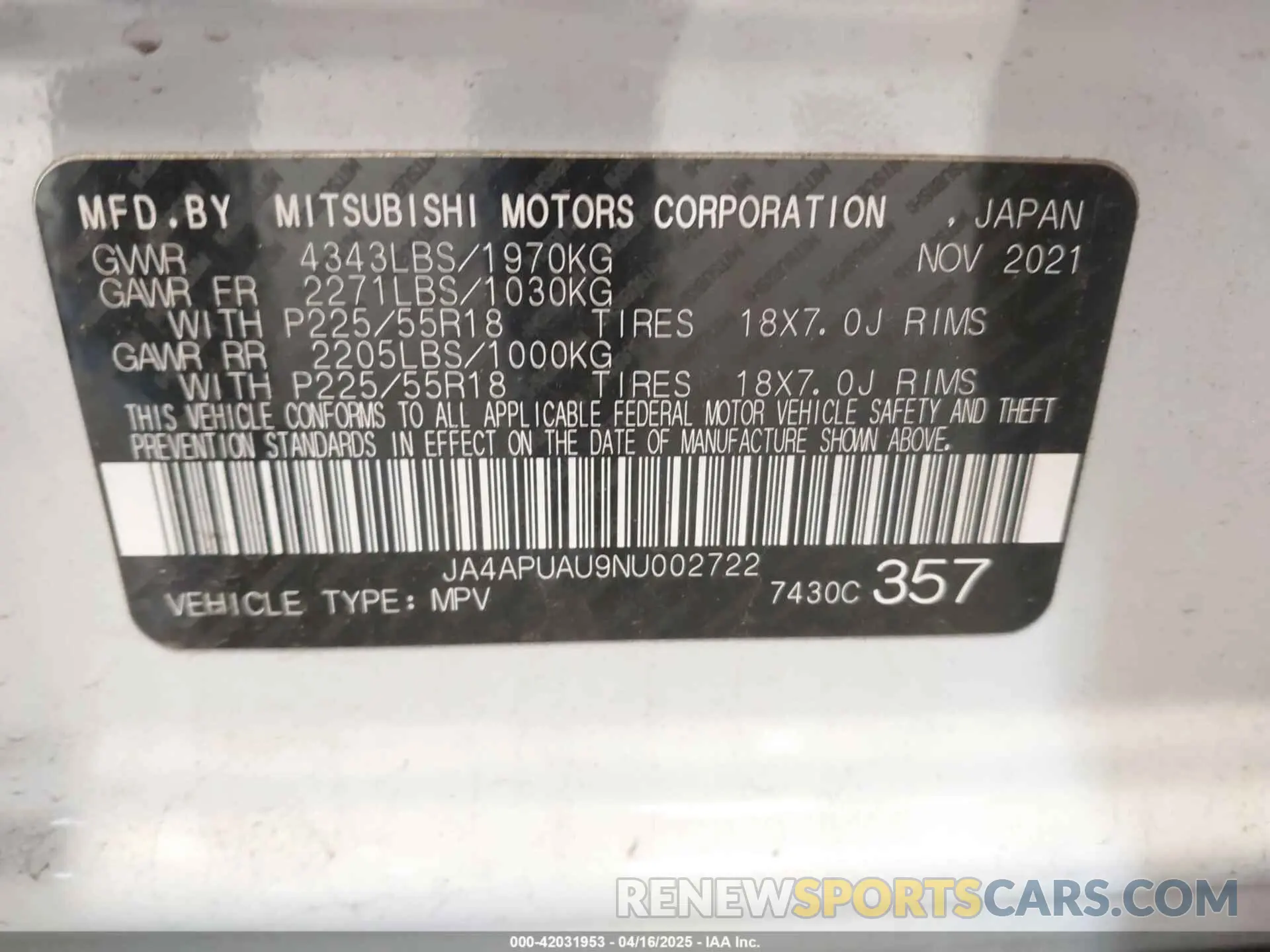 9 Photograph of a damaged car JA4APUAU9NU002722 MITSUBISHI OUTLANDER SPORT 2022