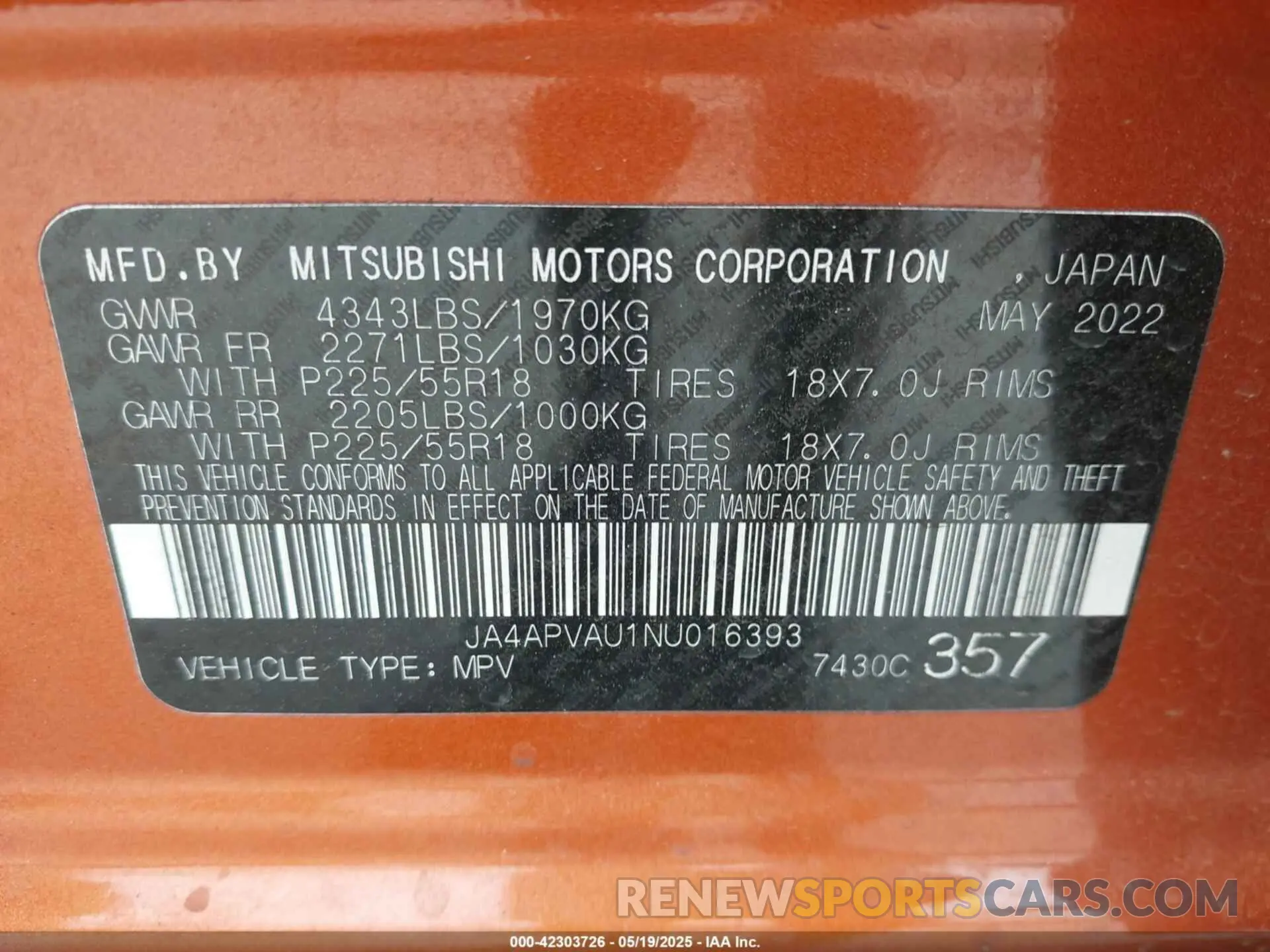 9 Photograph of a damaged car JA4APVAU1NU016393 MITSUBISHI OUTLANDER SPORT 2022