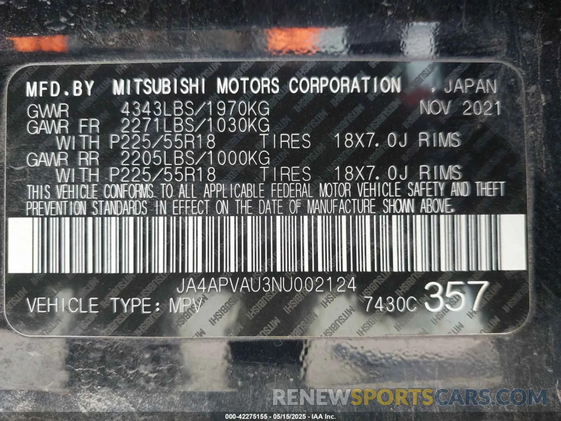 9 Photograph of a damaged car JA4APVAU3NU002124 MITSUBISHI OUTLANDER SPORT 2022
