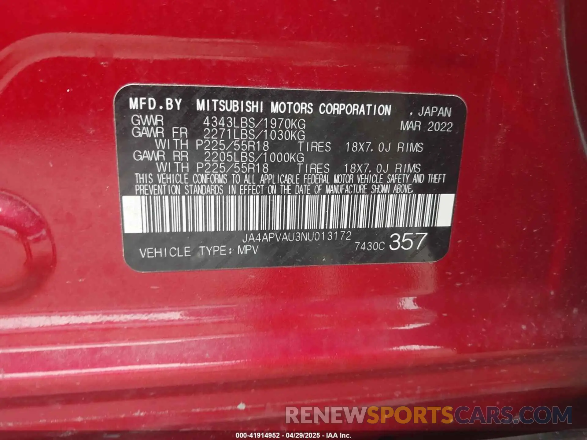 9 Photograph of a damaged car JA4APVAU3NU013172 MITSUBISHI OUTLANDER SPORT 2022