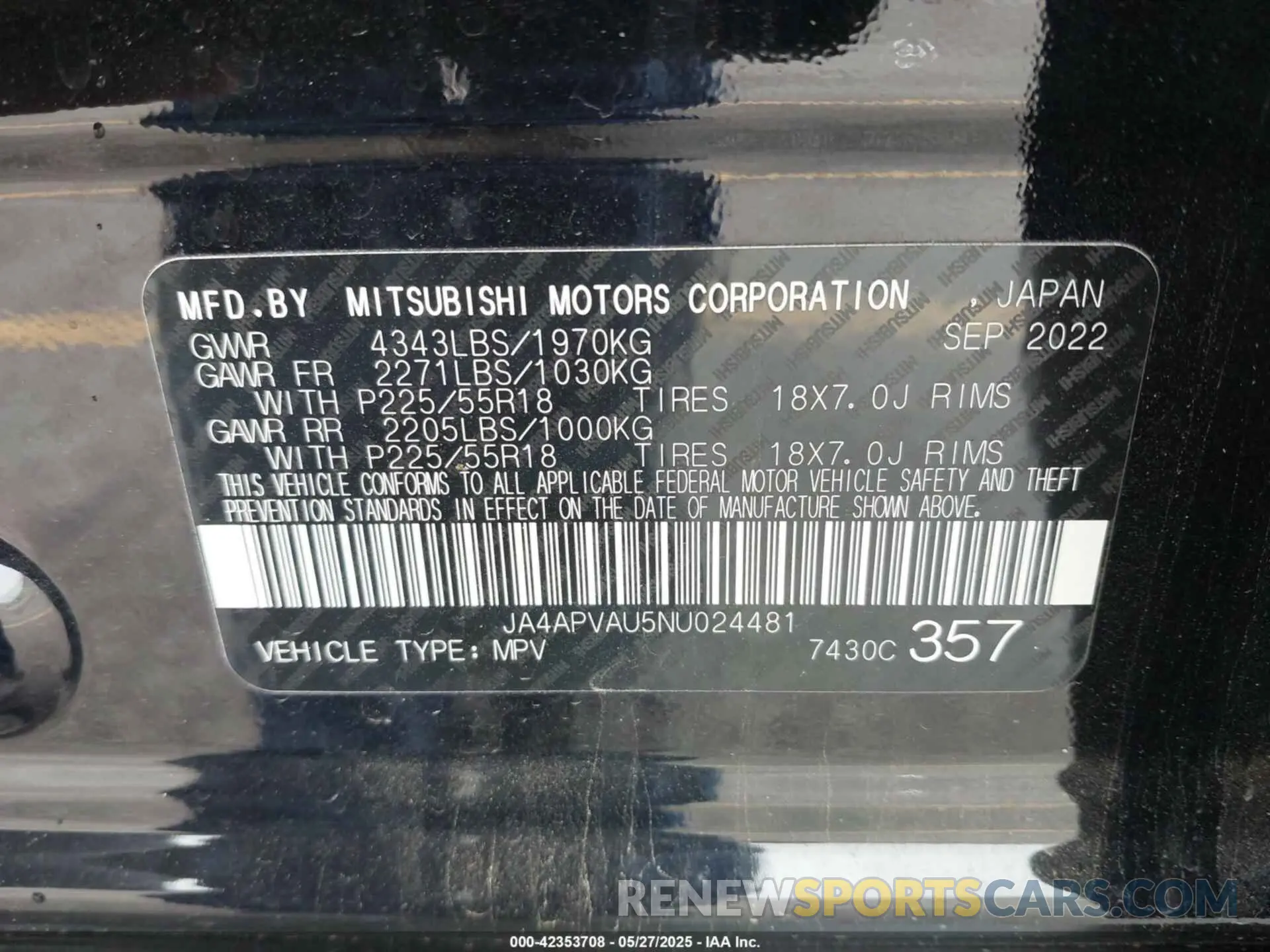 9 Photograph of a damaged car JA4APVAU5NU024481 MITSUBISHI OUTLANDER SPORT 2022
