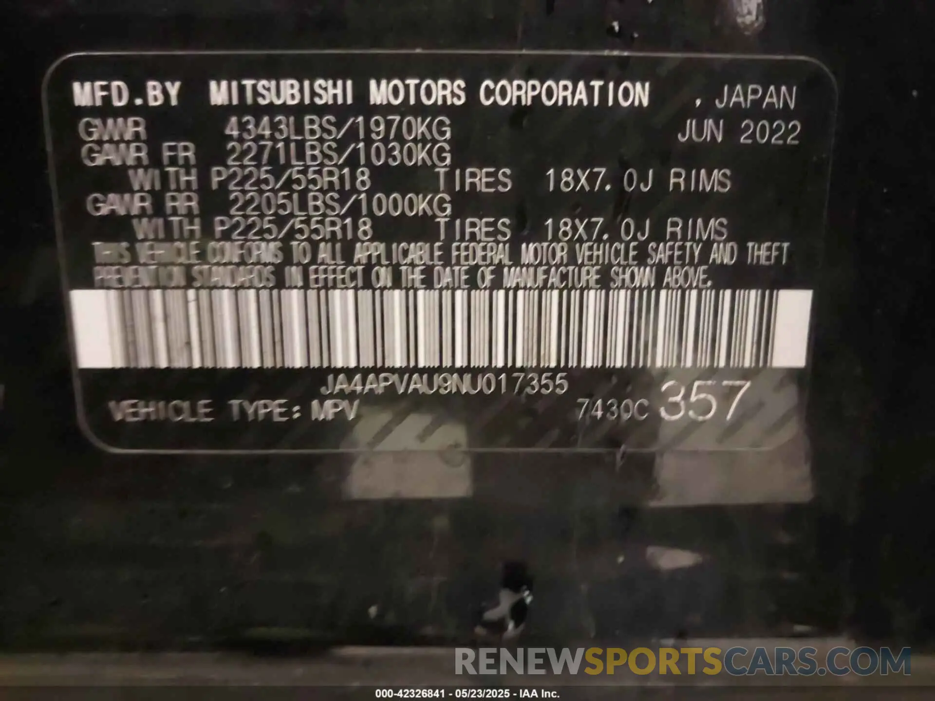 9 Photograph of a damaged car JA4APVAU9NU017355 MITSUBISHI OUTLANDER SPORT 2022