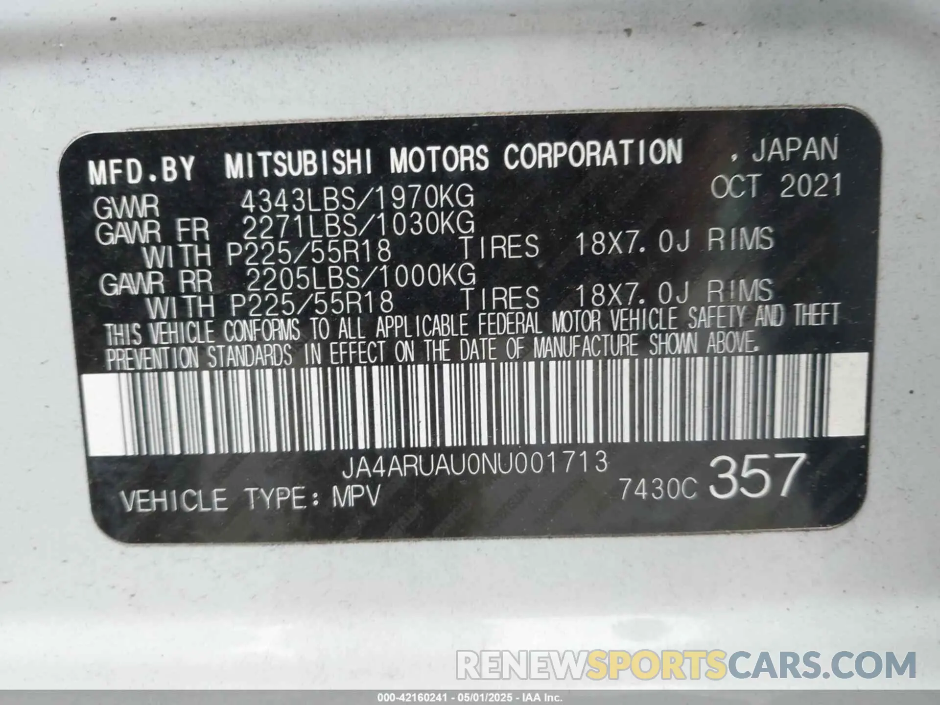 9 Photograph of a damaged car JA4ARUAU0NU001713 MITSUBISHI OUTLANDER SPORT 2022