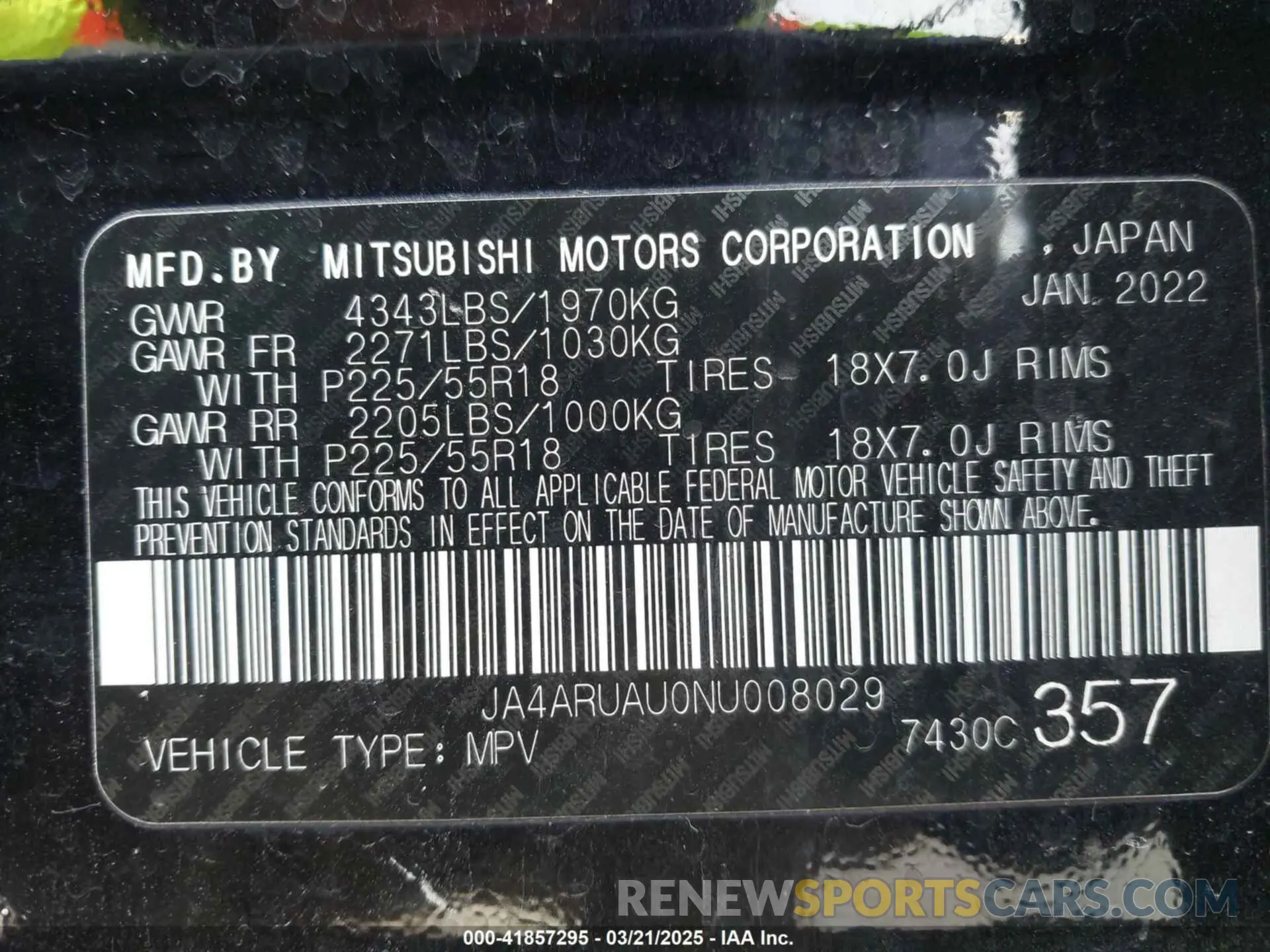 9 Photograph of a damaged car JA4ARUAU0NU008029 MITSUBISHI OUTLANDER SPORT 2022