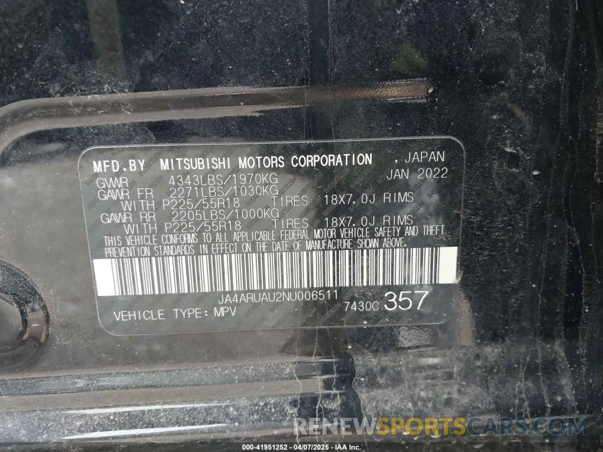 9 Photograph of a damaged car JA4ARUAU2NU006511 MITSUBISHI OUTLANDER SPORT 2022