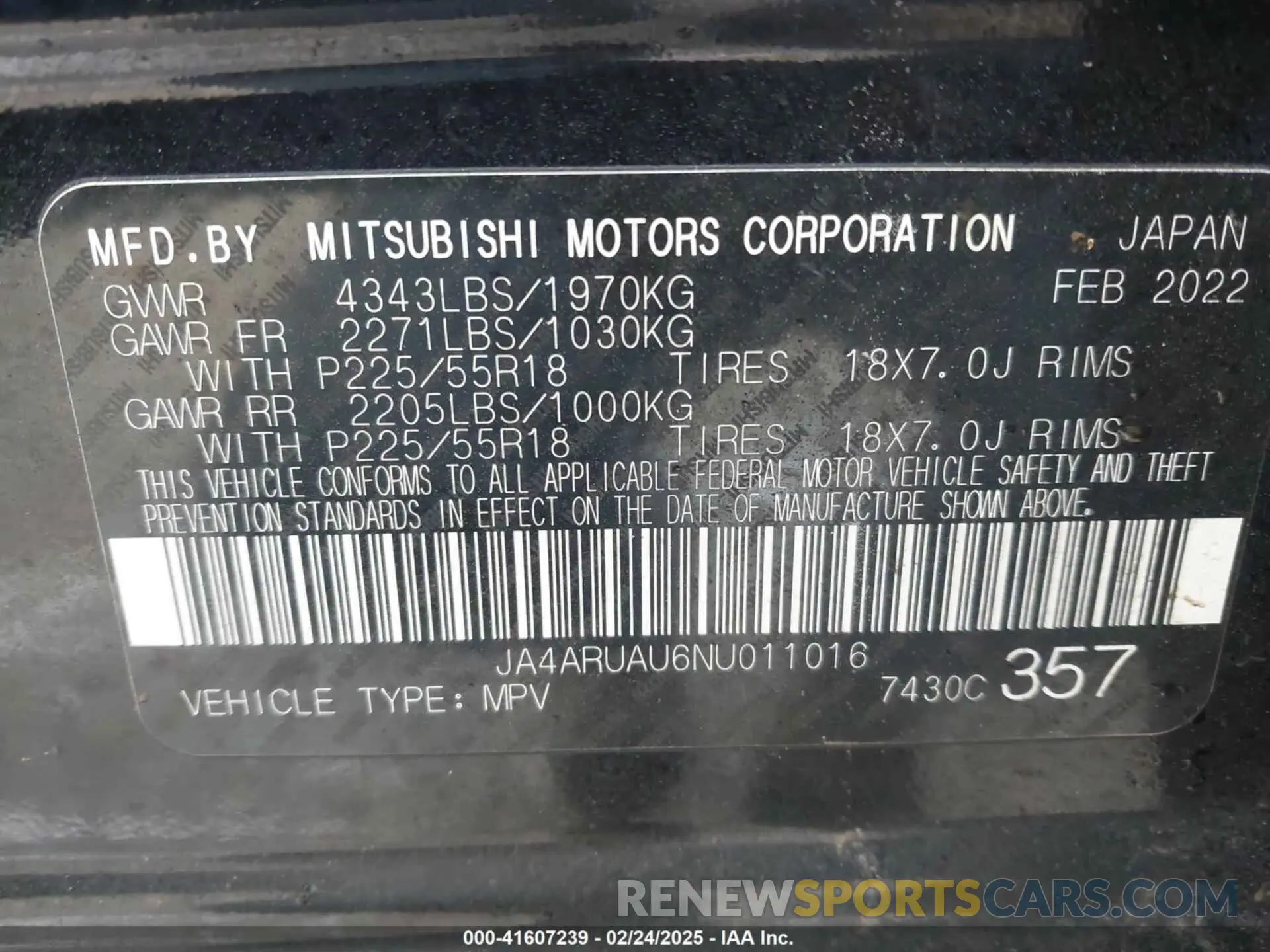 9 Photograph of a damaged car JA4ARUAU6NU011016 MITSUBISHI OUTLANDER SPORT 2022