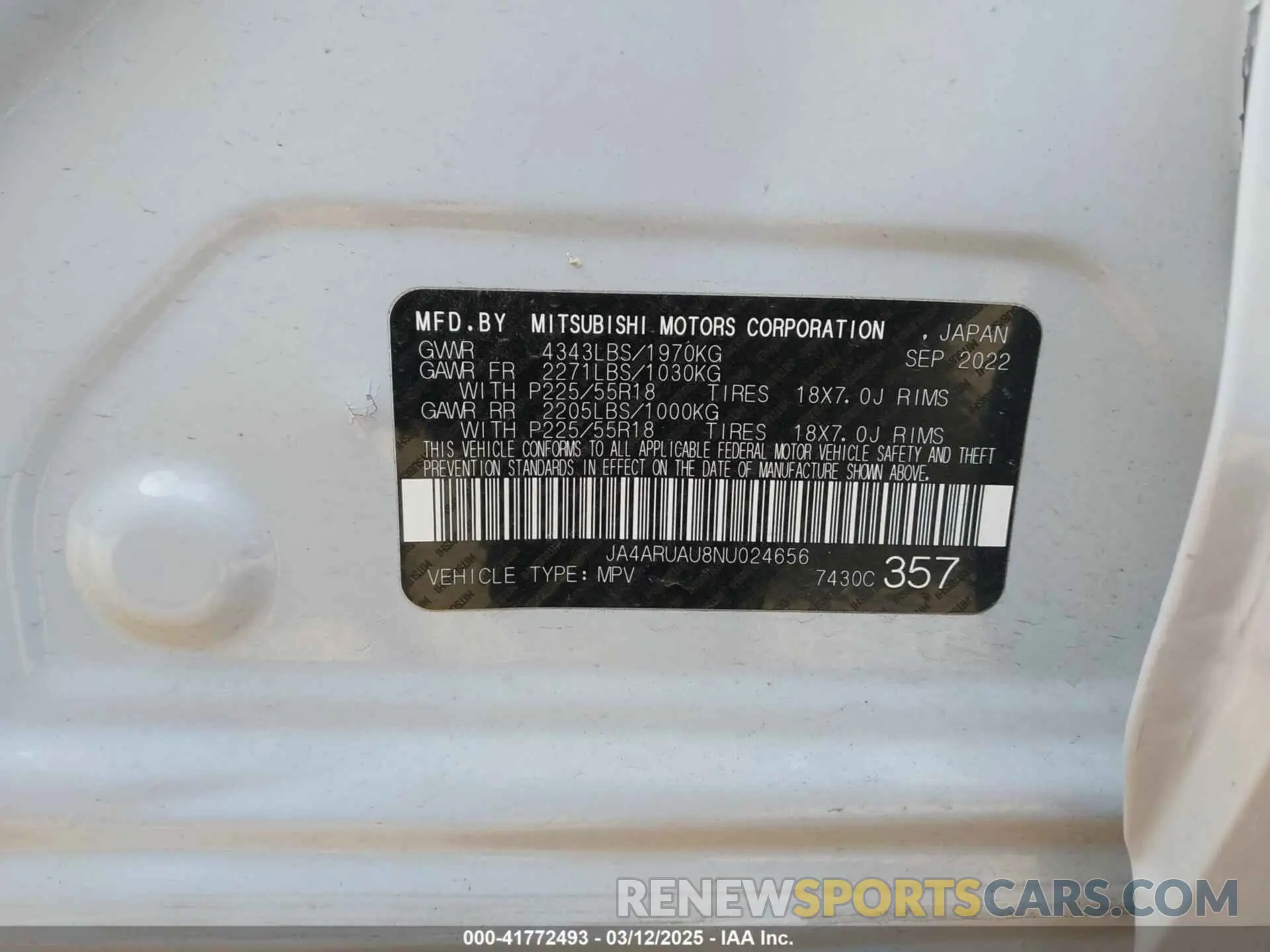 9 Photograph of a damaged car JA4ARUAU8NU024656 MITSUBISHI OUTLANDER SPORT 2022