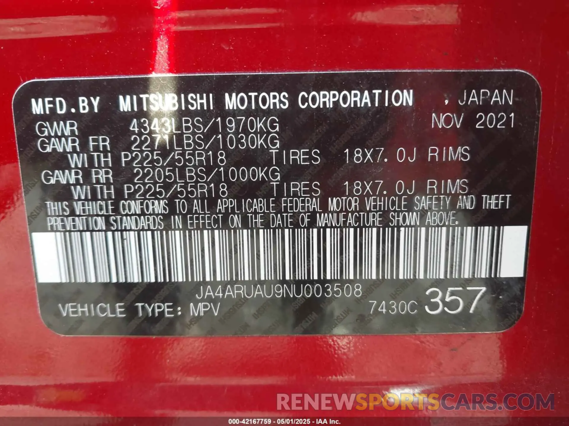 9 Photograph of a damaged car JA4ARUAU9NU003508 MITSUBISHI OUTLANDER SPORT 2022