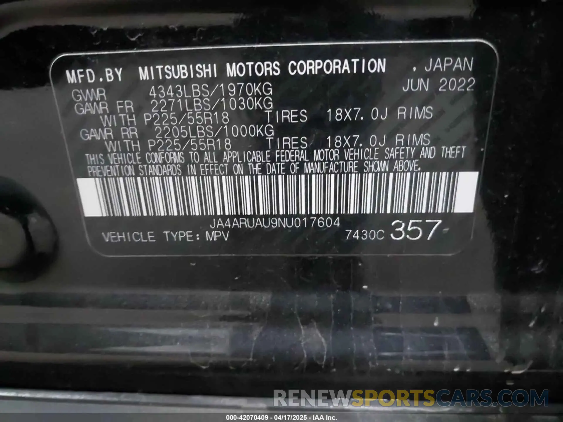 9 Photograph of a damaged car JA4ARUAU9NU017604 MITSUBISHI OUTLANDER SPORT 2022