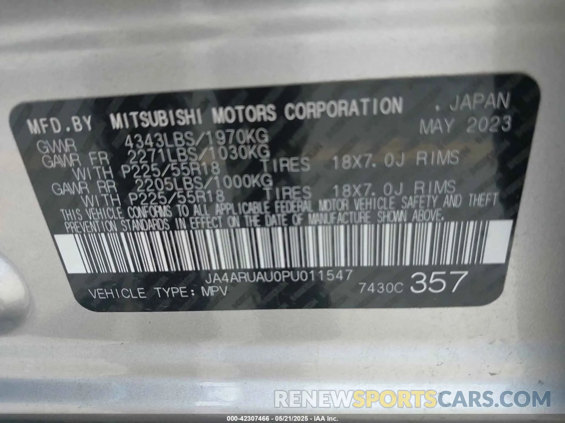 9 Photograph of a damaged car JA4ARUAU0PU011547 MITSUBISHI OUTLANDER SPORT 2023