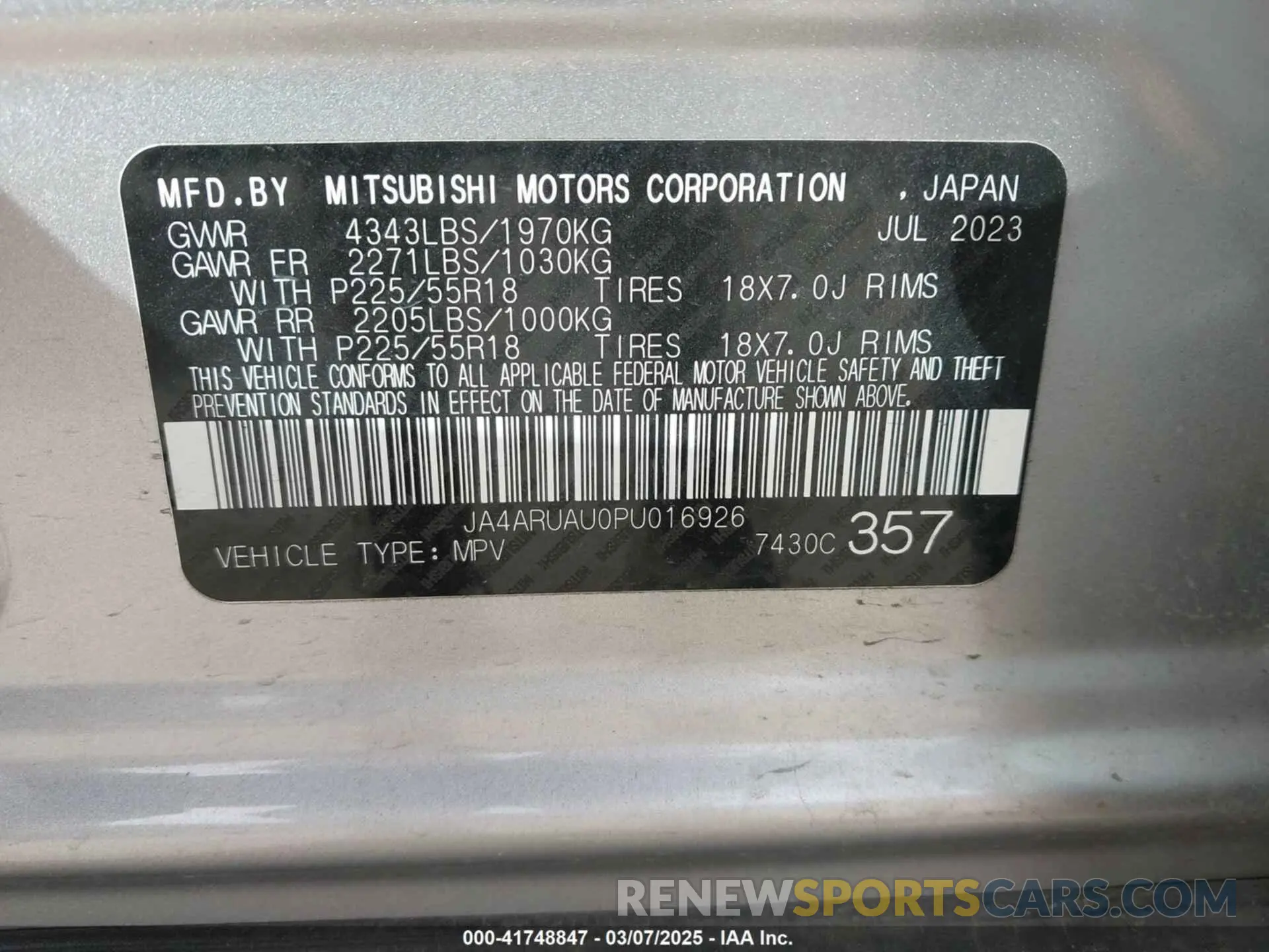 9 Photograph of a damaged car JA4ARUAU0PU016926 MITSUBISHI OUTLANDER SPORT 2023