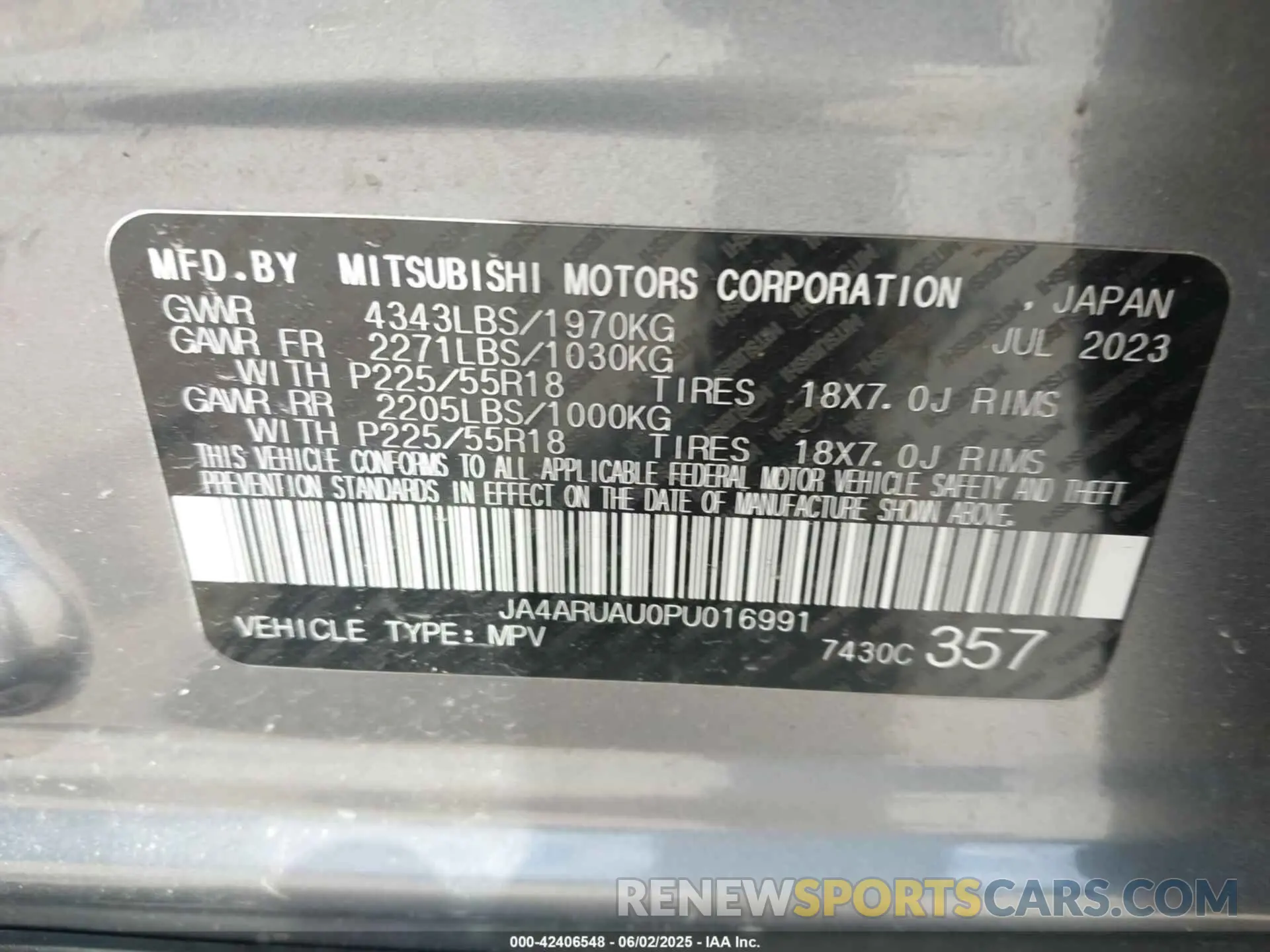 9 Photograph of a damaged car JA4ARUAU0PU016991 MITSUBISHI OUTLANDER SPORT 2023