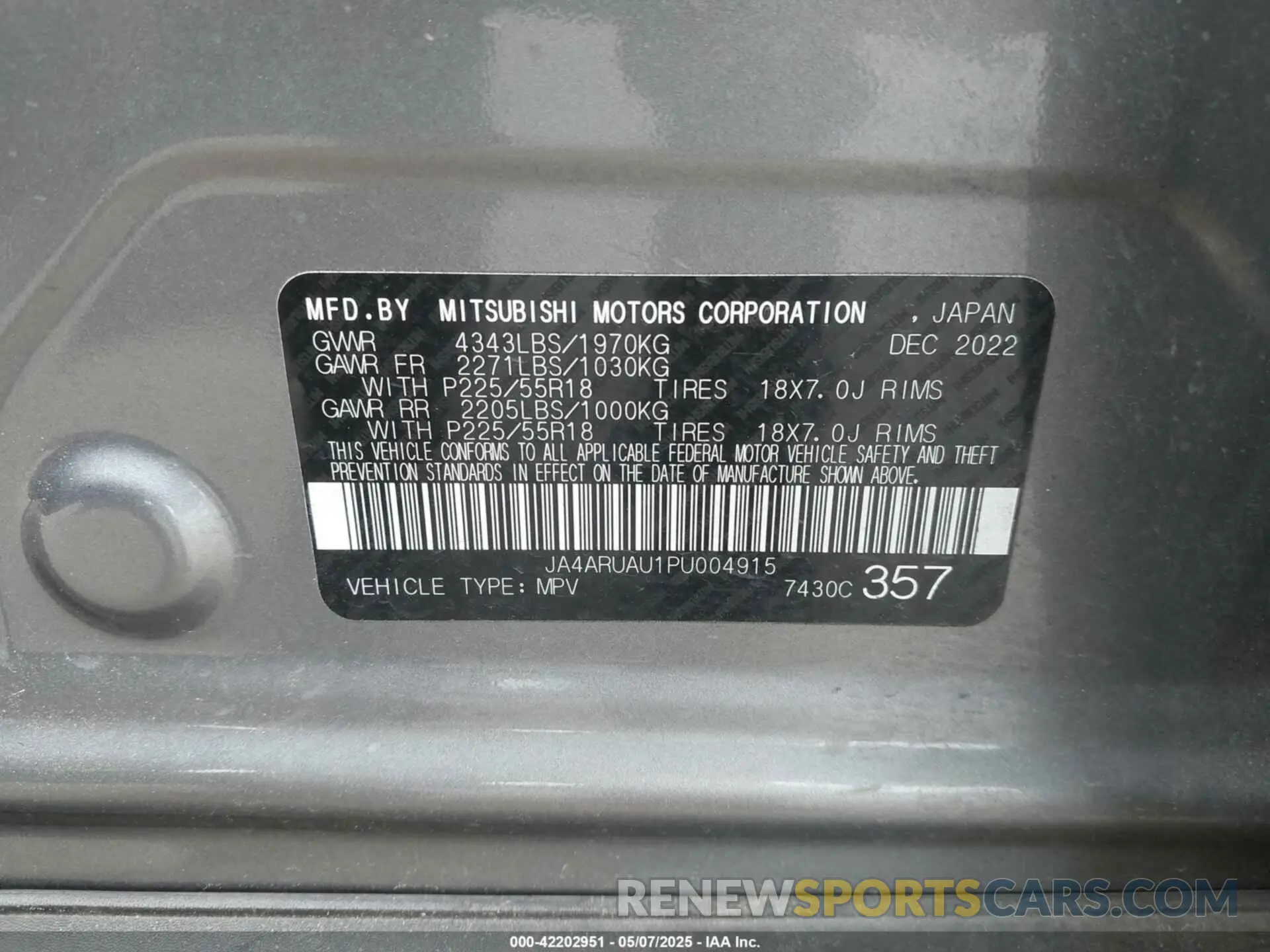 9 Photograph of a damaged car JA4ARUAU1PU004915 MITSUBISHI OUTLANDER SPORT 2023