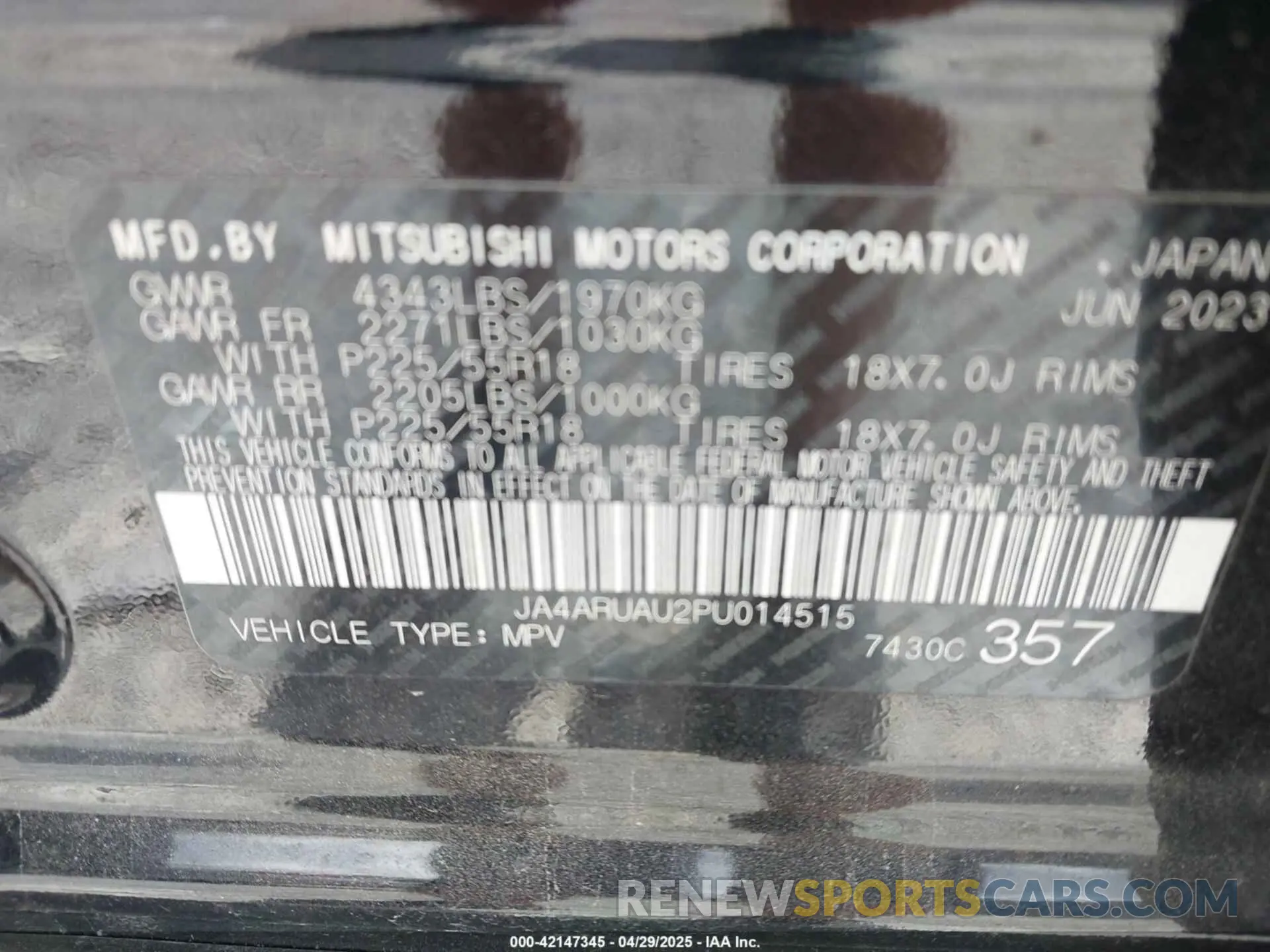 9 Photograph of a damaged car JA4ARUAU2PU014515 MITSUBISHI OUTLANDER SPORT 2023