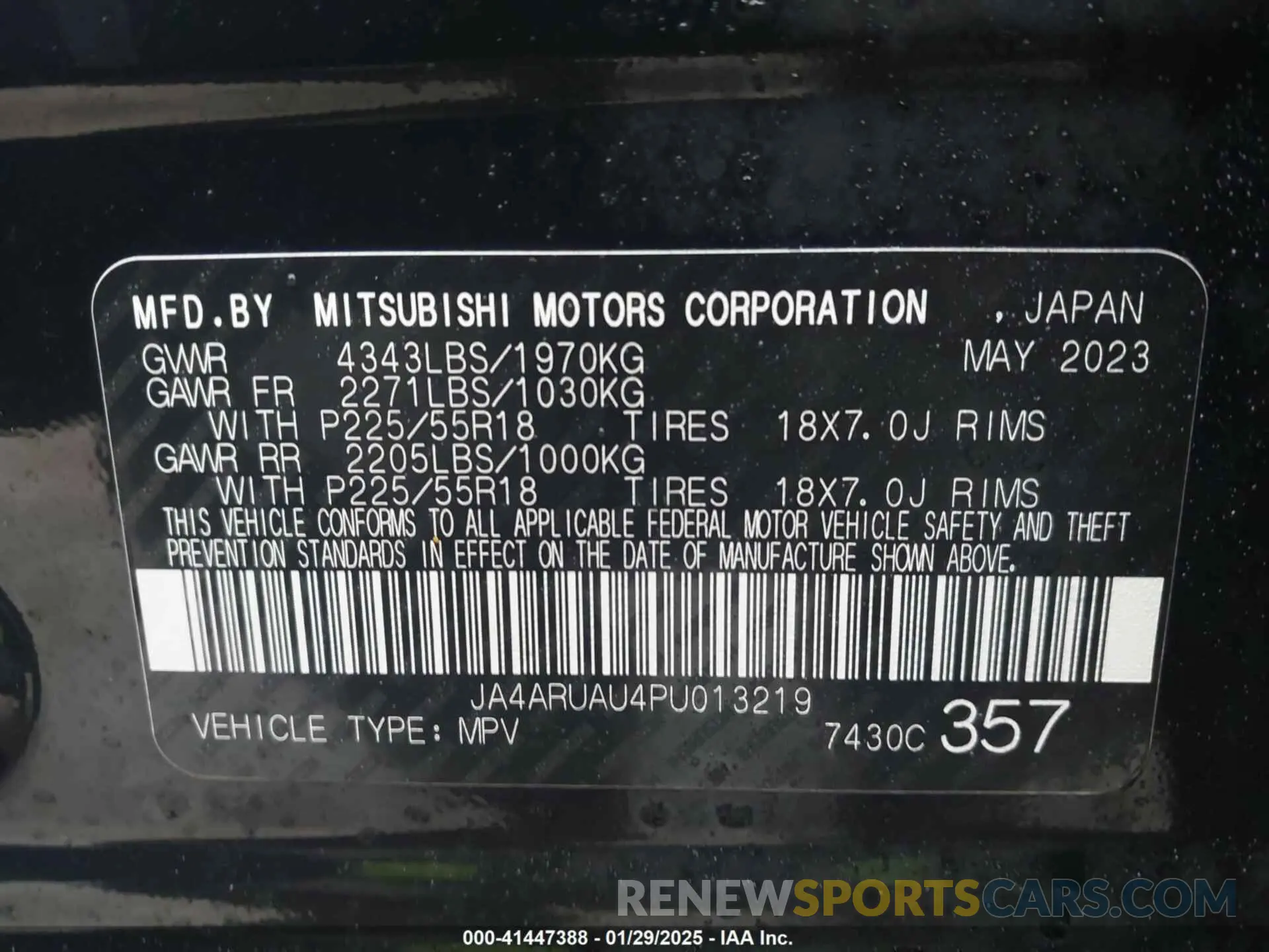 9 Photograph of a damaged car JA4ARUAU4PU013219 MITSUBISHI OUTLANDER SPORT 2023