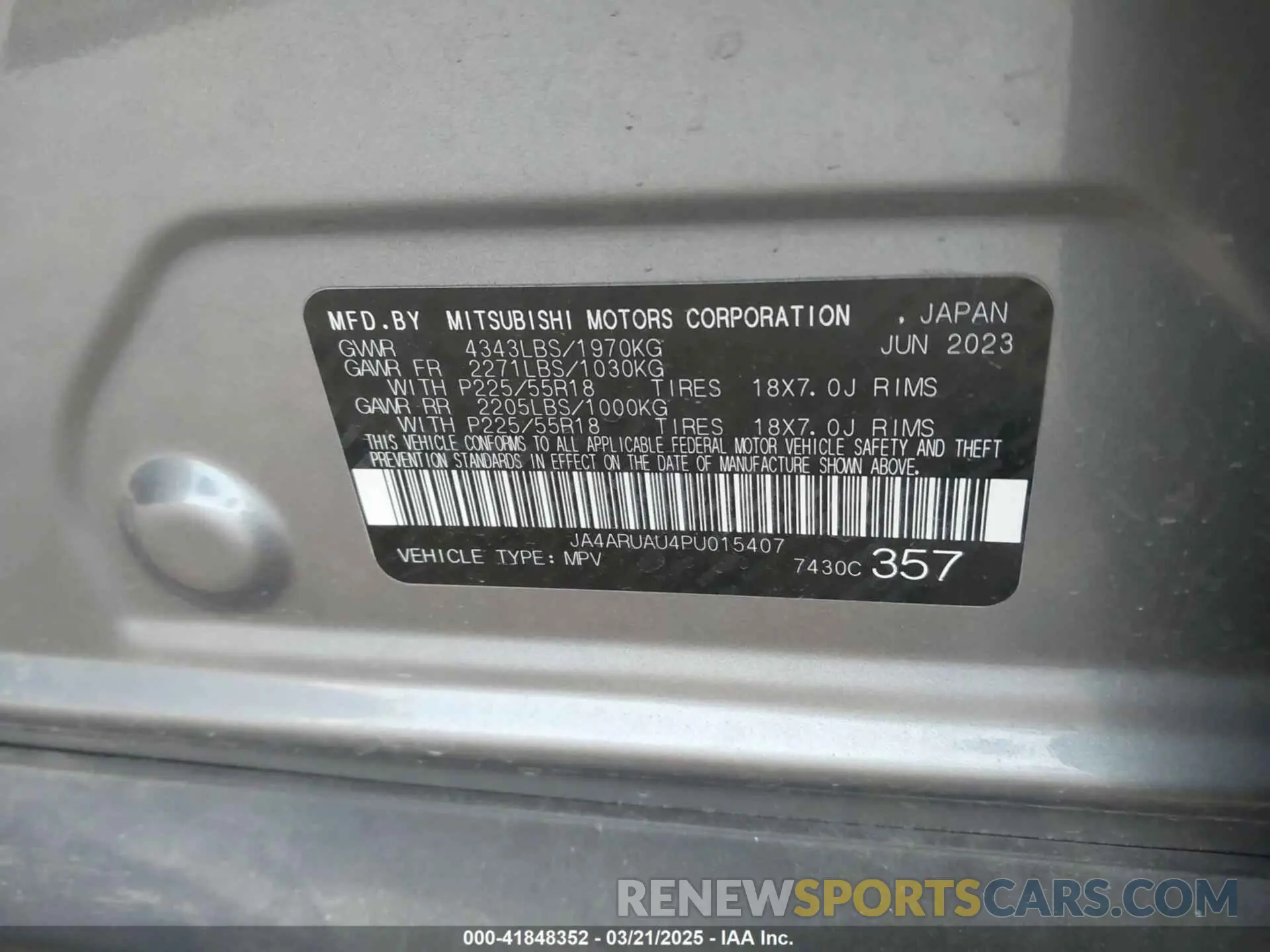 9 Photograph of a damaged car JA4ARUAU4PU015407 MITSUBISHI OUTLANDER SPORT 2023