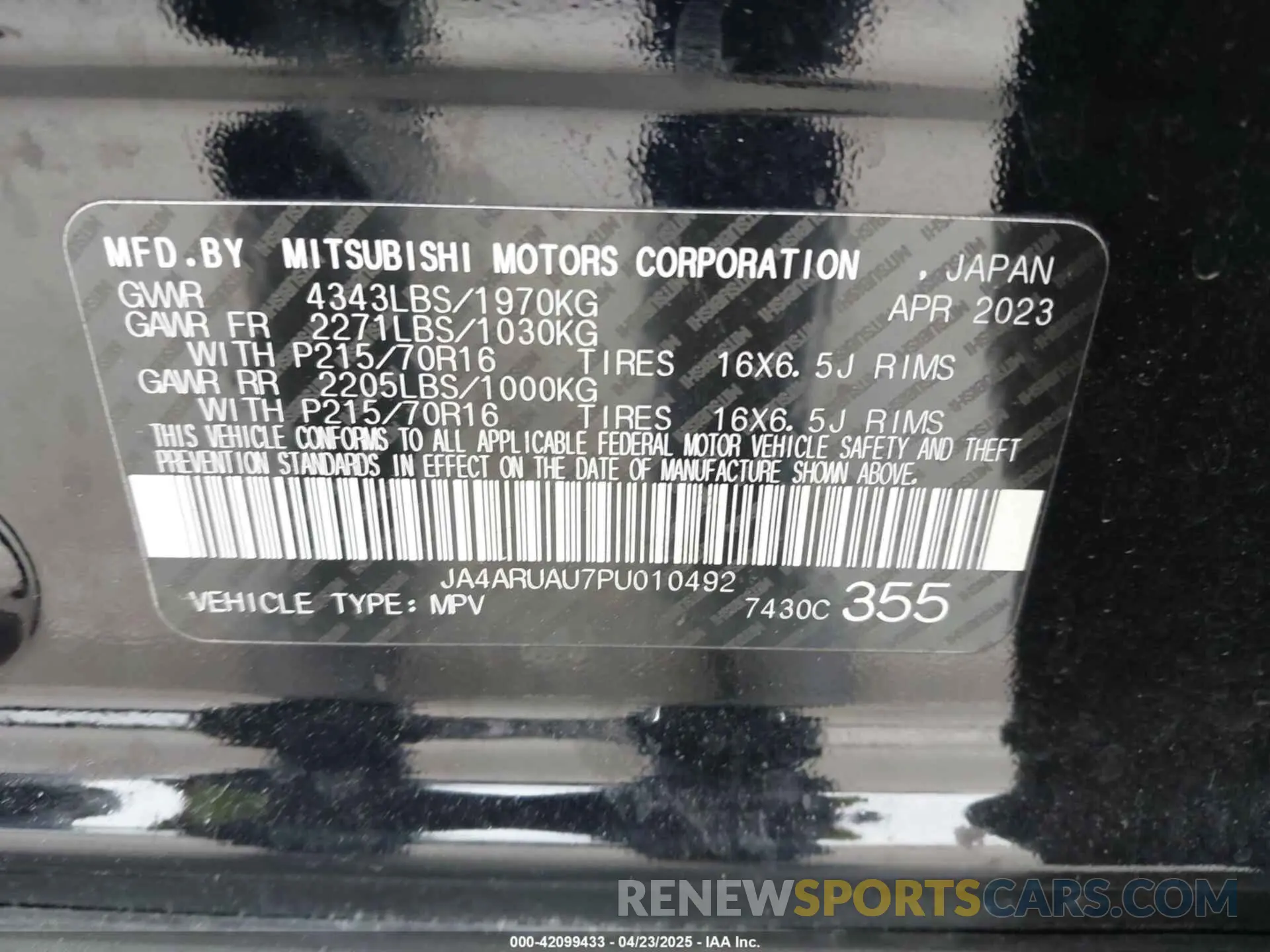 9 Photograph of a damaged car JA4ARUAU7PU010492 MITSUBISHI OUTLANDER SPORT 2023