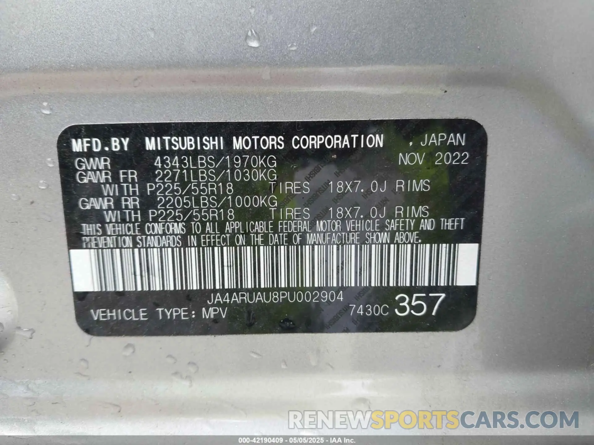 9 Photograph of a damaged car JA4ARUAU8PU002904 MITSUBISHI OUTLANDER SPORT 2023