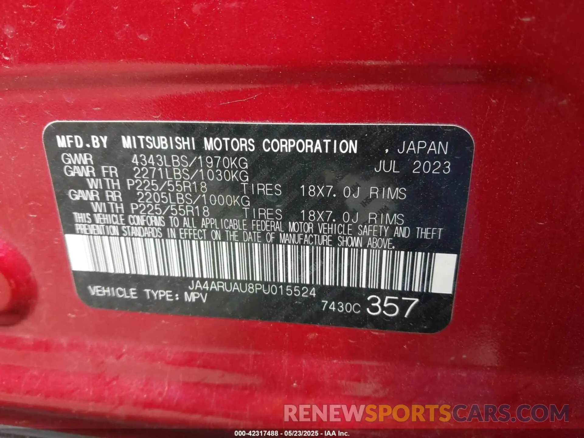 9 Photograph of a damaged car JA4ARUAU8PU015524 MITSUBISHI OUTLANDER SPORT 2023