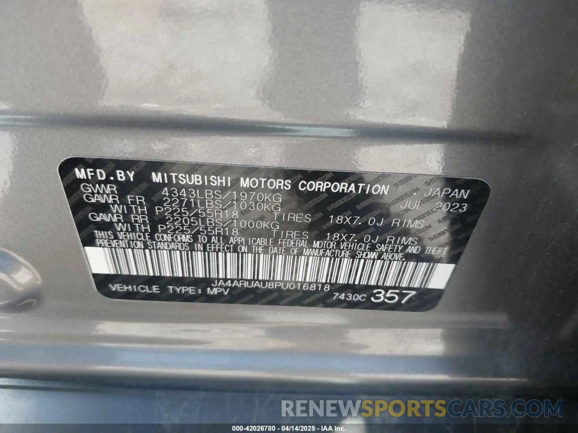 9 Photograph of a damaged car JA4ARUAU8PU016818 MITSUBISHI OUTLANDER SPORT 2023