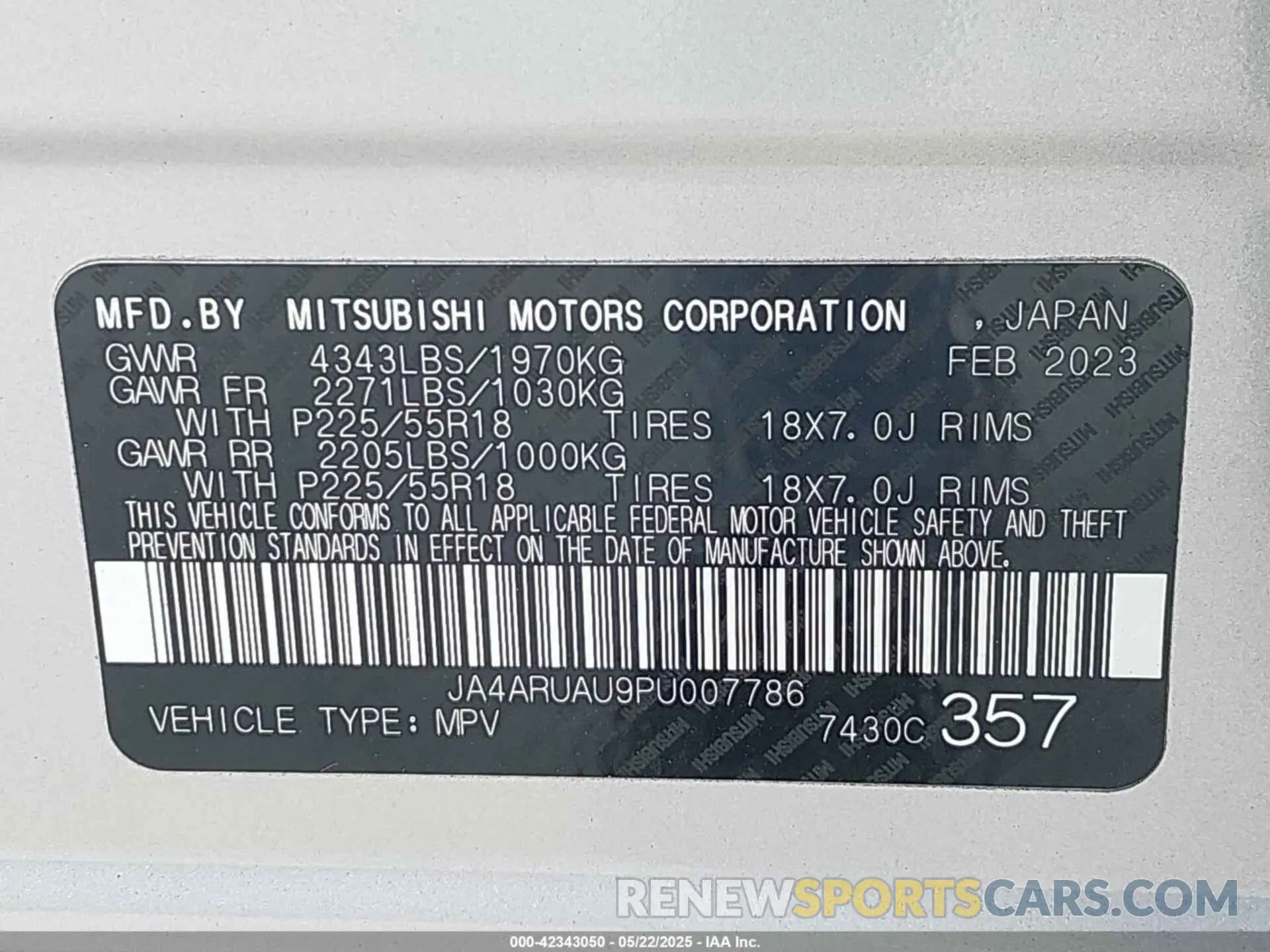 9 Photograph of a damaged car JA4ARUAU9PU007786 MITSUBISHI OUTLANDER SPORT 2023