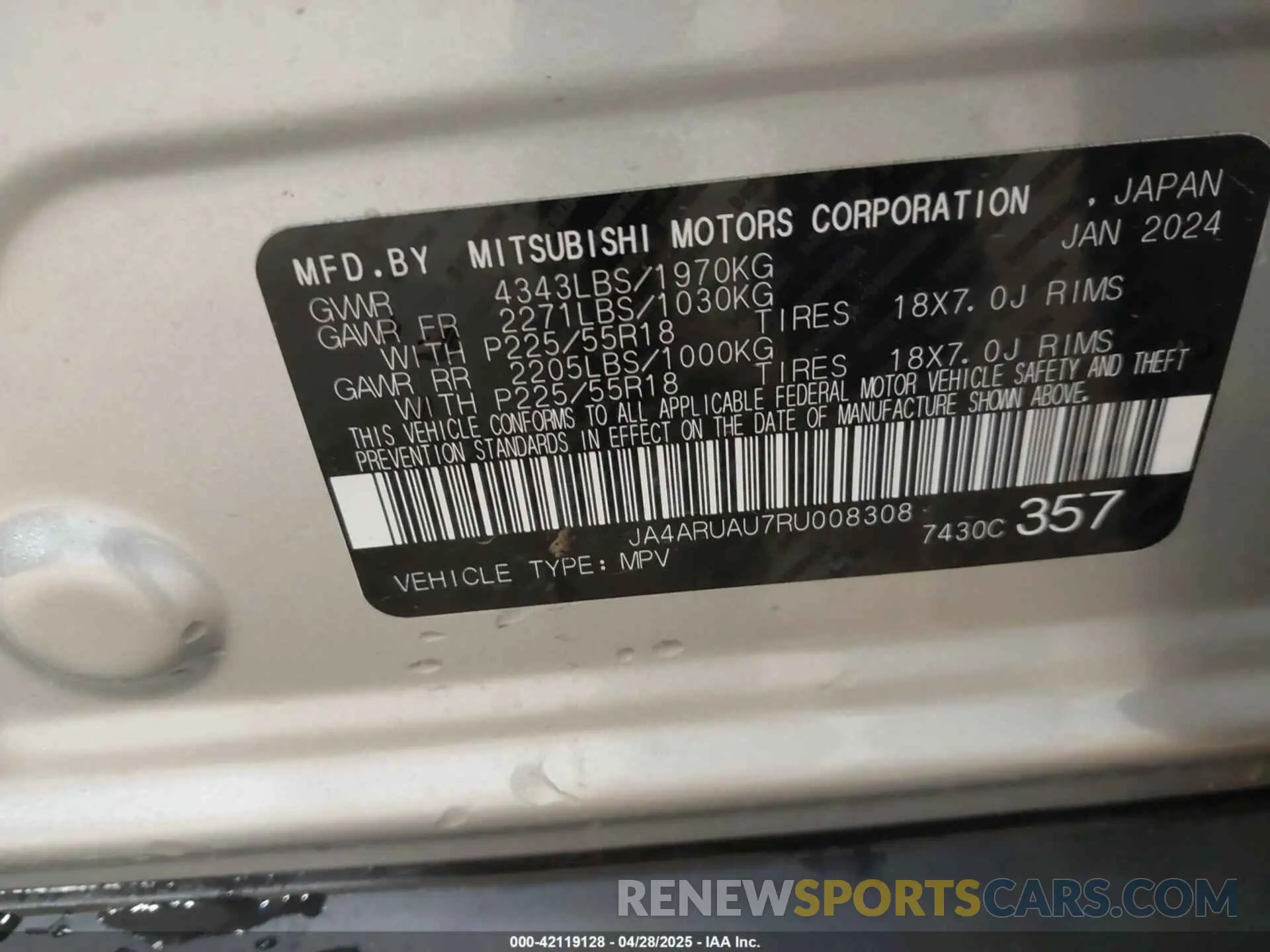 9 Photograph of a damaged car JA4ARUAU0RU018078 MITSUBISHI OUTLANDER SPORT 2024