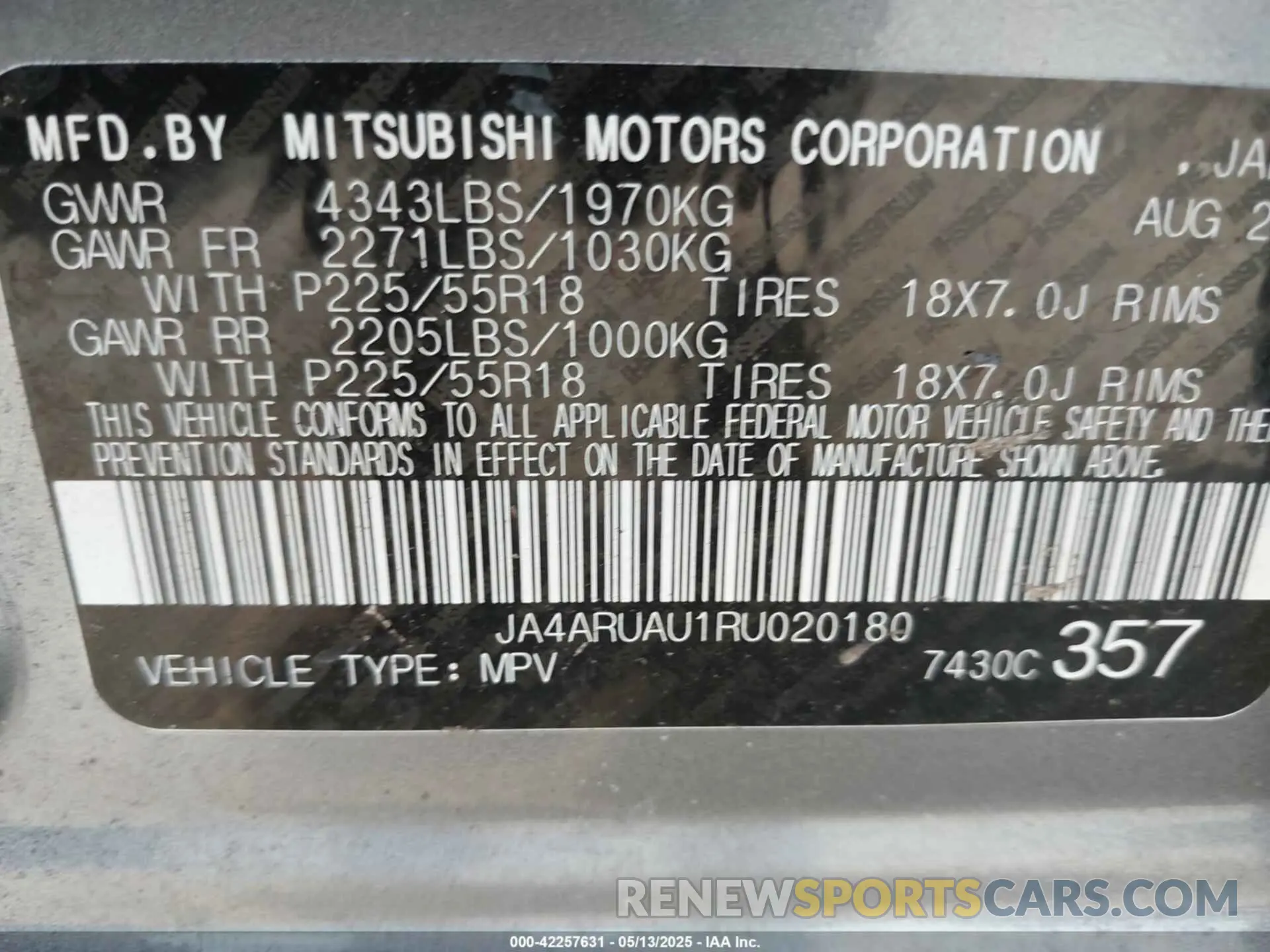 9 Photograph of a damaged car JA4ARUAU1RU020180 MITSUBISHI OUTLANDER SPORT 2024