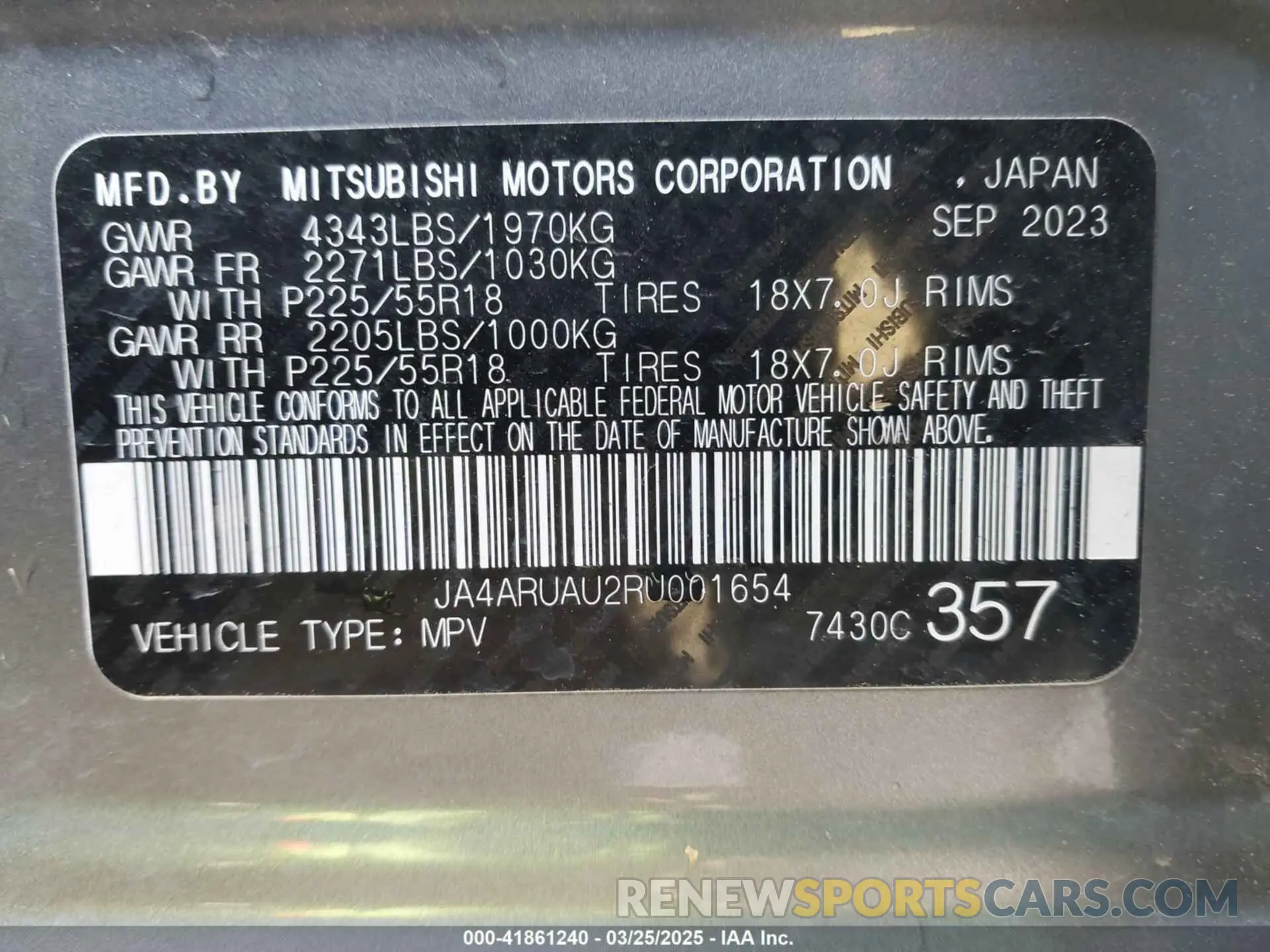 9 Photograph of a damaged car JA4ARUAU2RU001654 MITSUBISHI OUTLANDER SPORT 2024