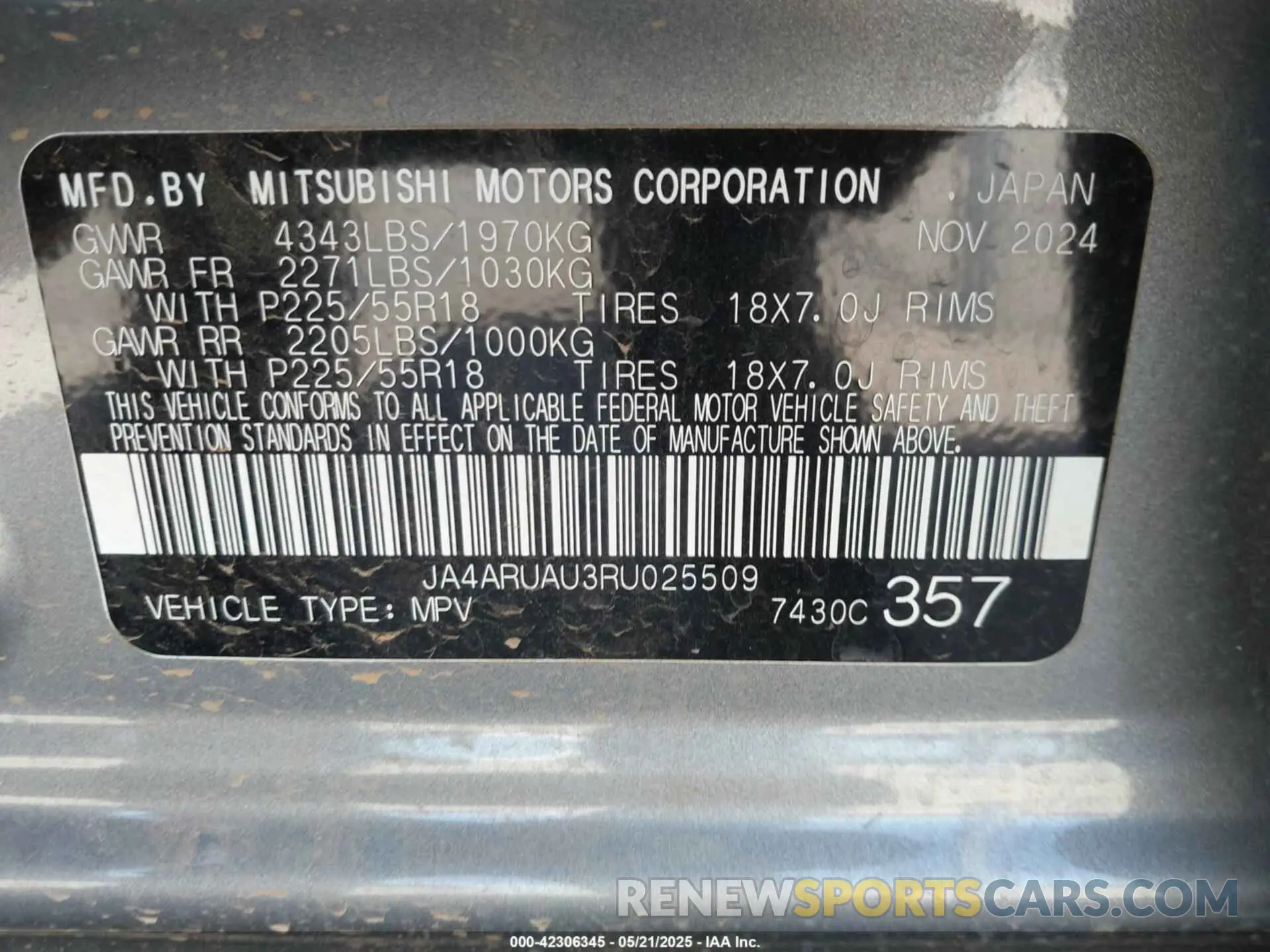 9 Photograph of a damaged car JA4ARUAU3RU025509 MITSUBISHI OUTLANDER SPORT 2024