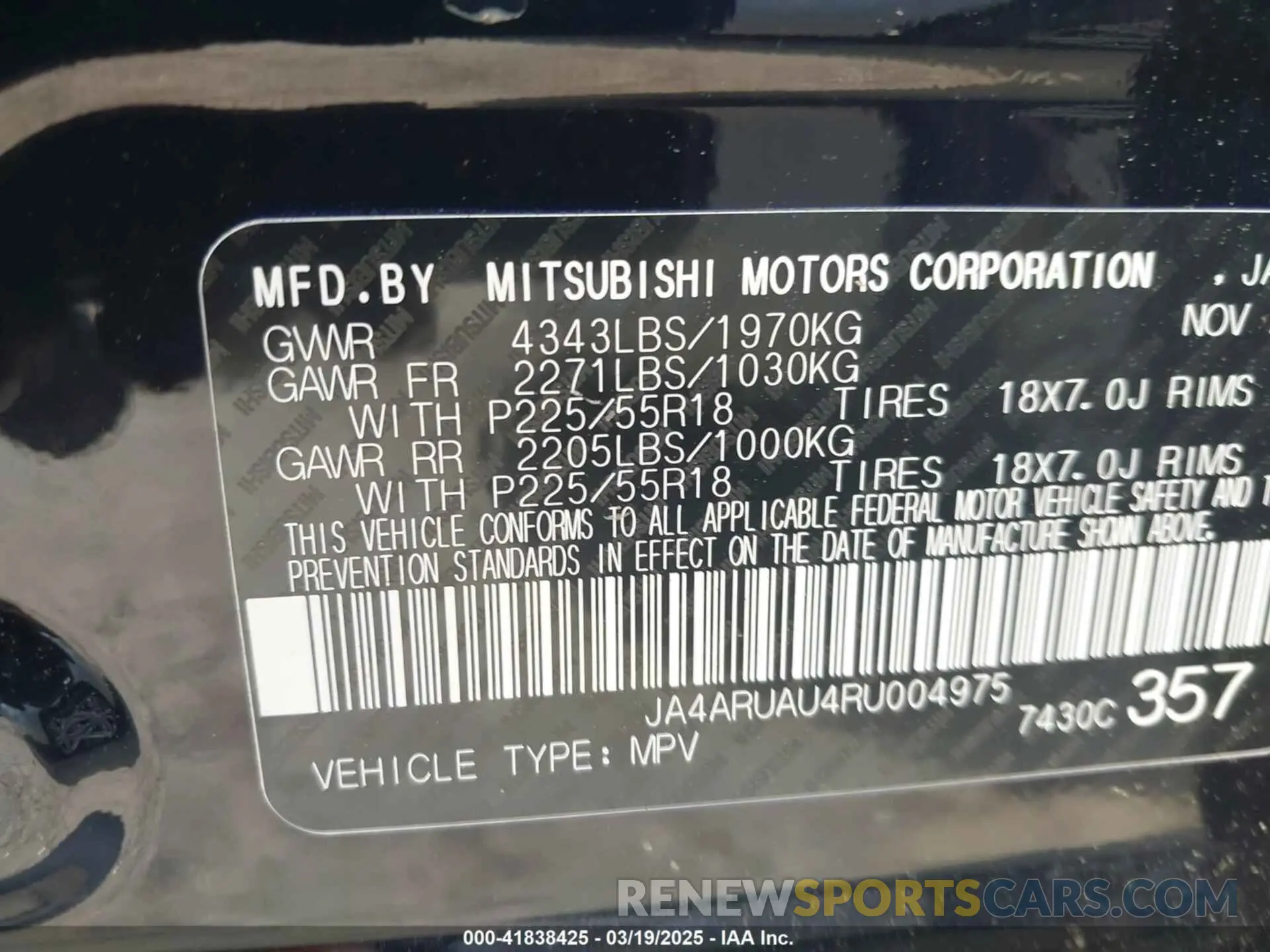 9 Photograph of a damaged car JA4ARUAU4RU004975 MITSUBISHI OUTLANDER SPORT 2024