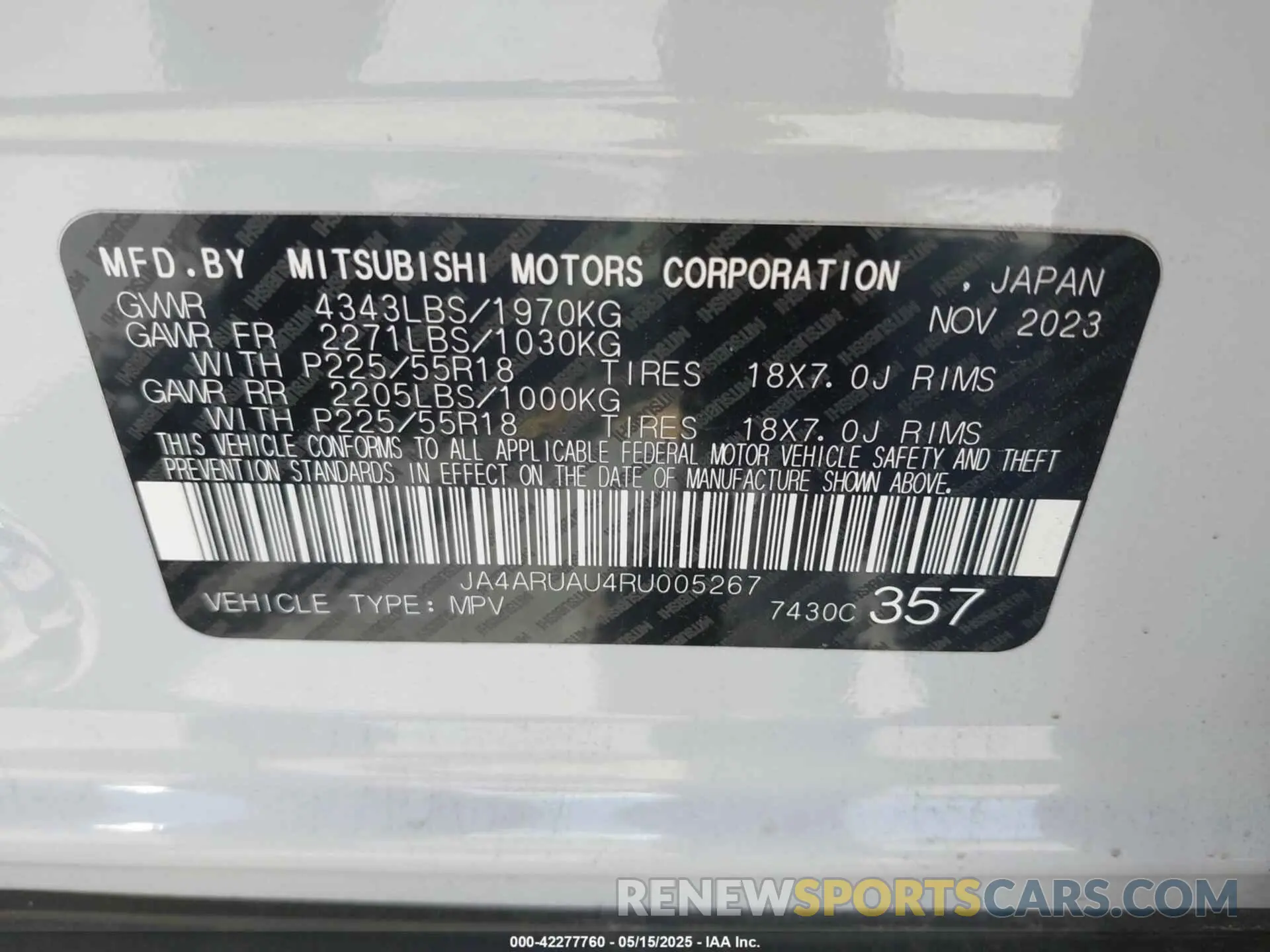 9 Photograph of a damaged car JA4ARUAU4RU005267 MITSUBISHI OUTLANDER SPORT 2024