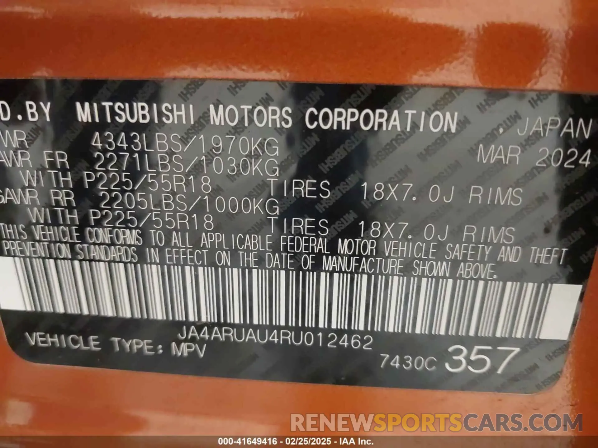 9 Photograph of a damaged car JA4ARUAU4RU012462 MITSUBISHI OUTLANDER SPORT 2024