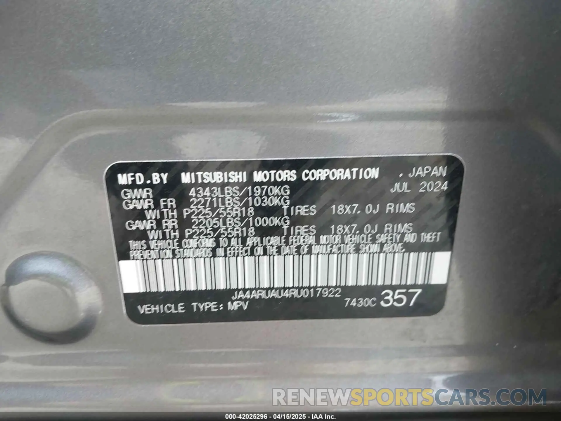 9 Photograph of a damaged car JA4ARUAU4RU017922 MITSUBISHI OUTLANDER SPORT 2024