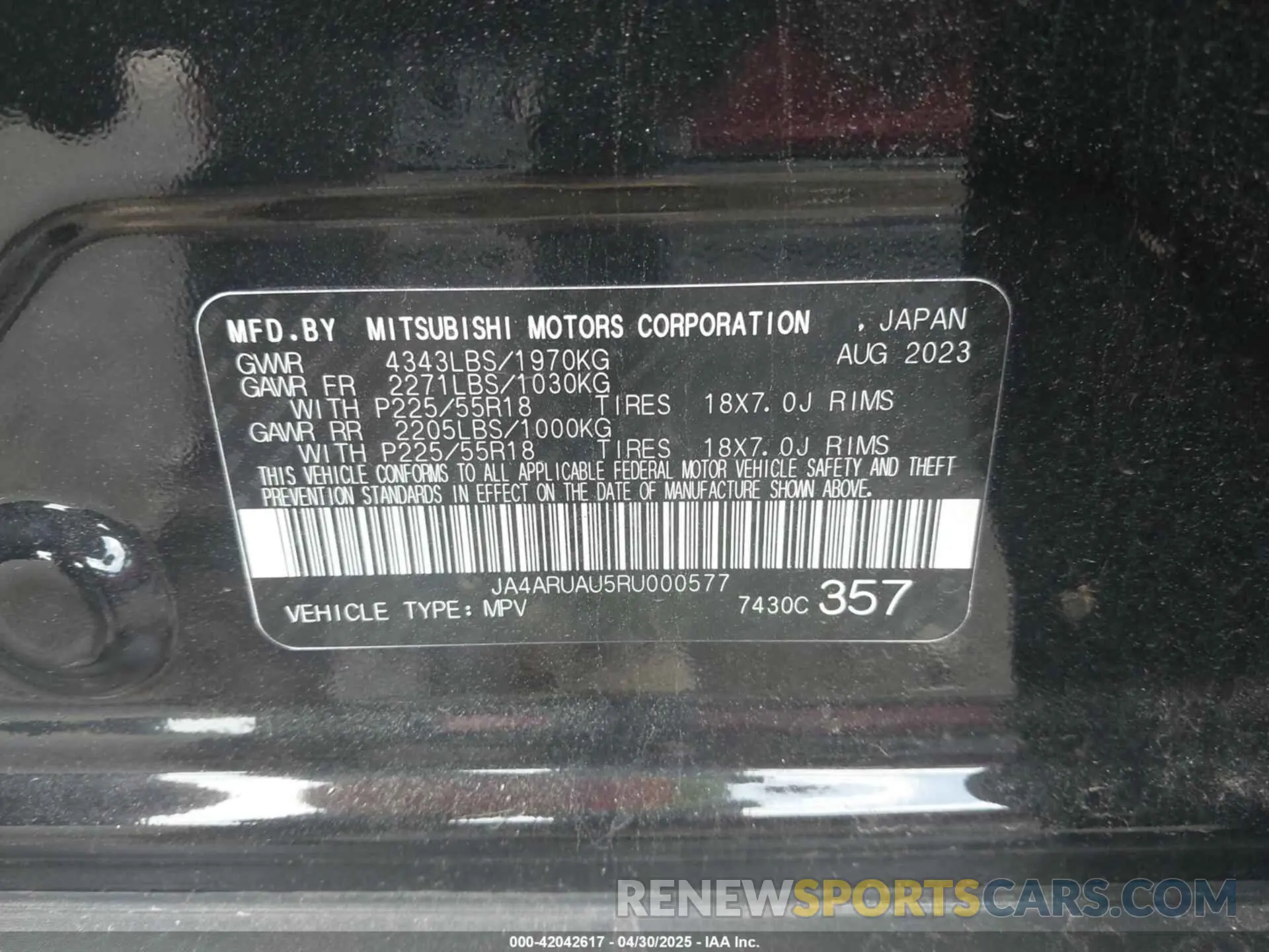 9 Photograph of a damaged car JA4ARUAU5RU000577 MITSUBISHI OUTLANDER SPORT 2024
