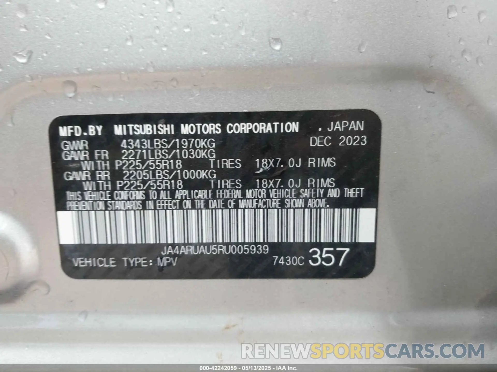 8 Photograph of a damaged car JA4ARUAU5RU005939 MITSUBISHI OUTLANDER SPORT 2024