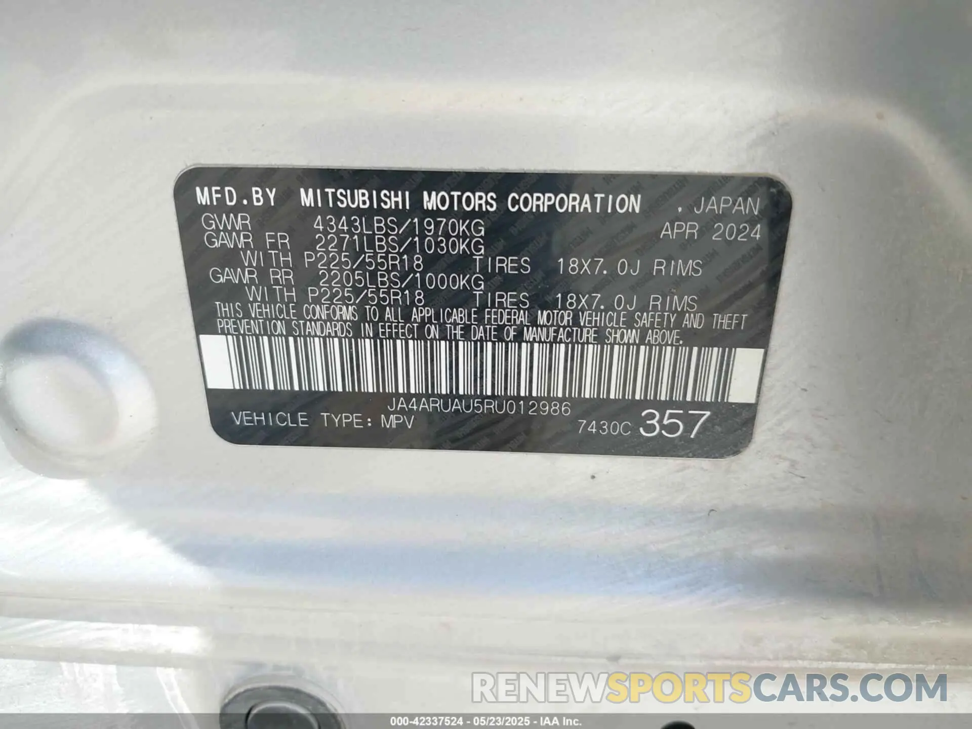 9 Photograph of a damaged car JA4ARUAU5RU012986 MITSUBISHI OUTLANDER SPORT 2024