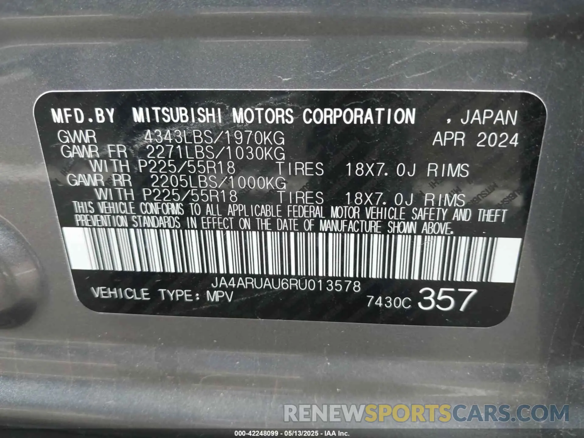 9 Photograph of a damaged car JA4ARUAU6RU013578 MITSUBISHI OUTLANDER SPORT 2024
