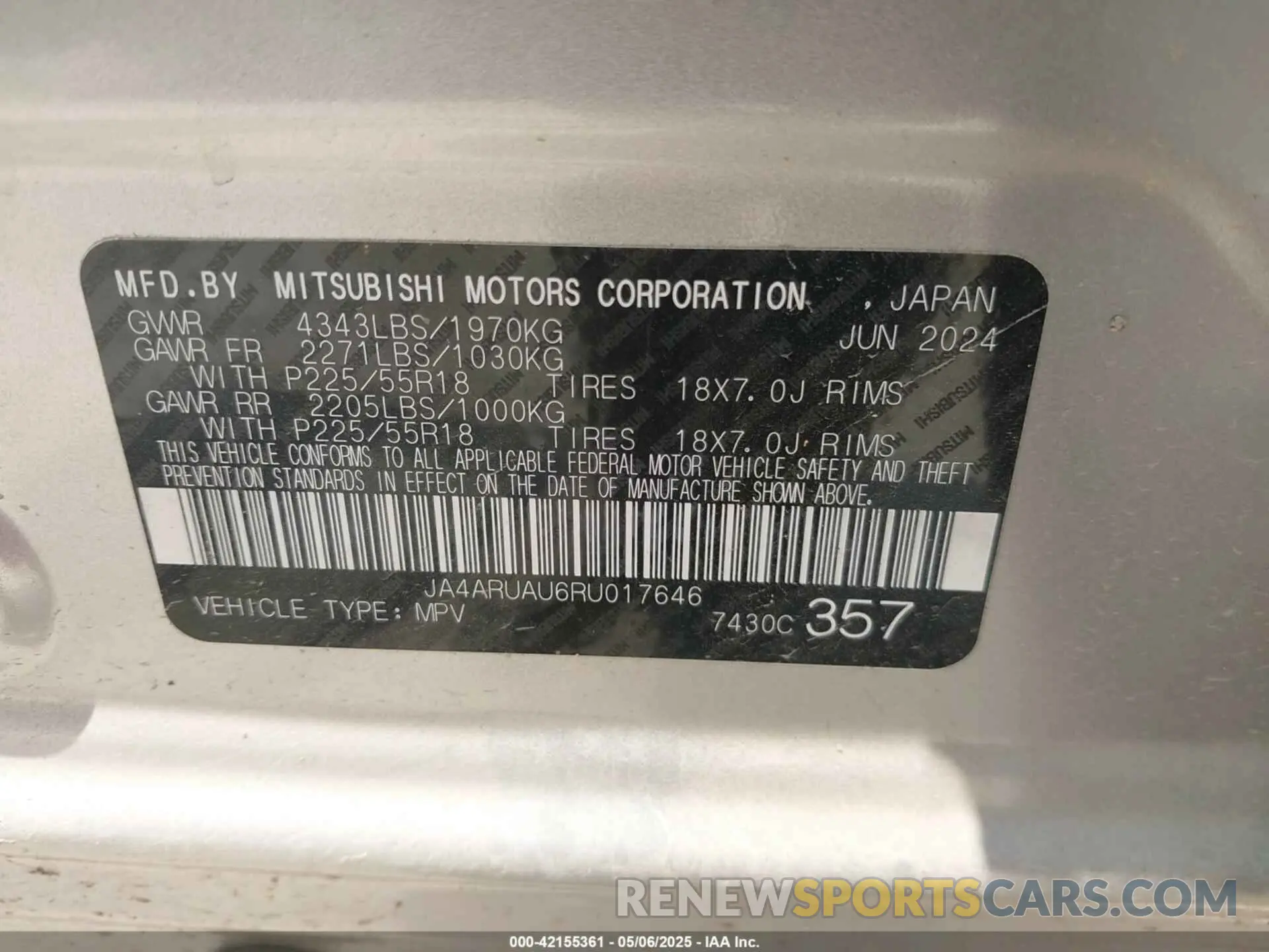 9 Photograph of a damaged car JA4ARUAU6RU017646 MITSUBISHI OUTLANDER SPORT 2024