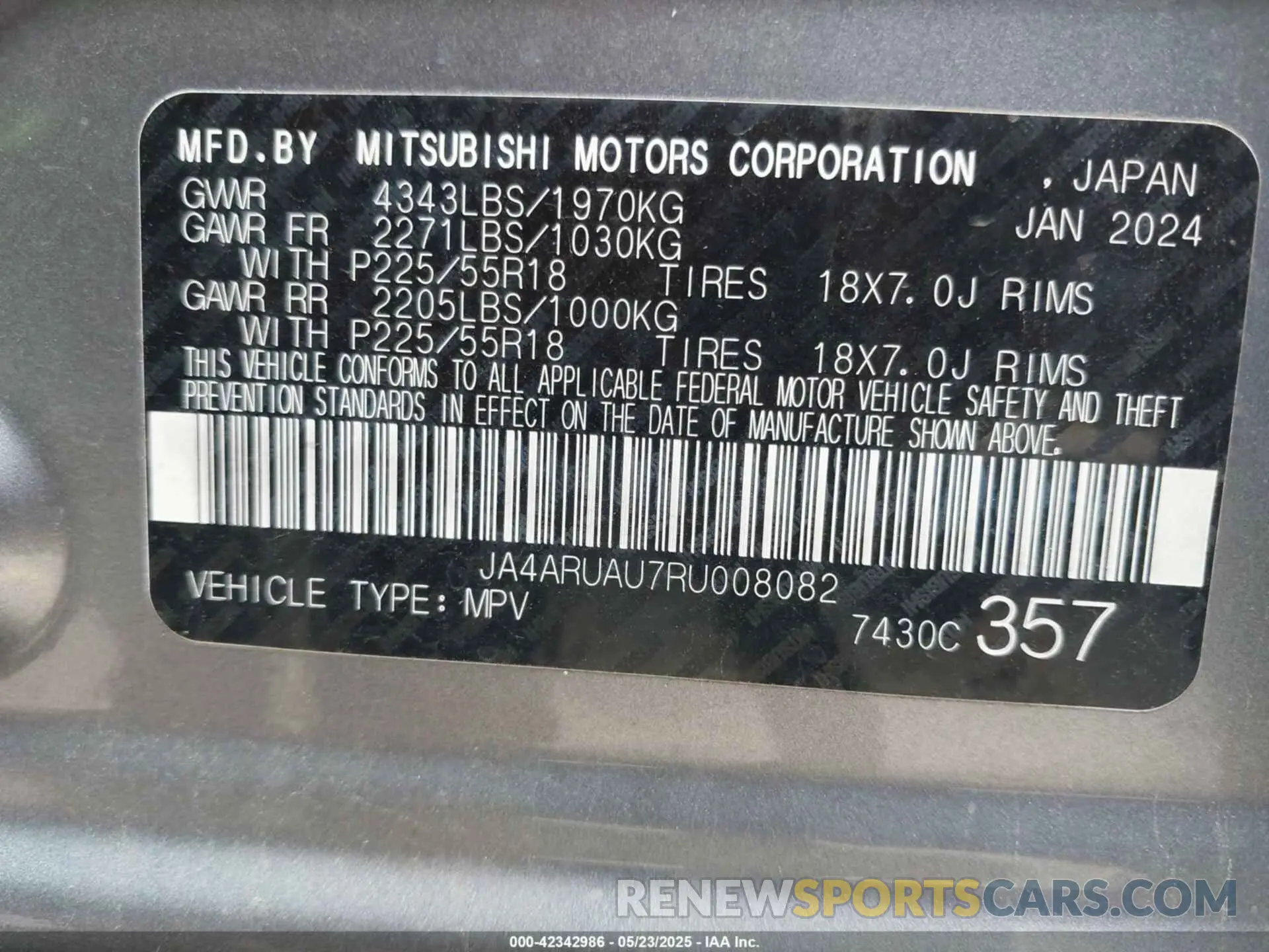 9 Photograph of a damaged car JA4ARUAU7RU008082 MITSUBISHI OUTLANDER SPORT 2024