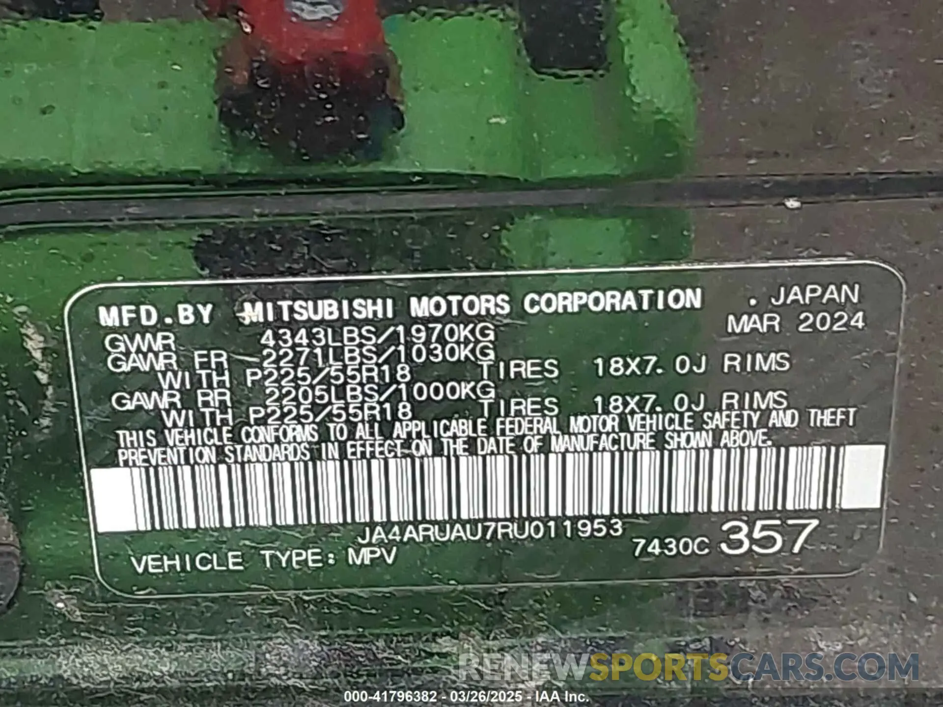 9 Photograph of a damaged car JA4ARUAU7RU011953 MITSUBISHI OUTLANDER SPORT 2024