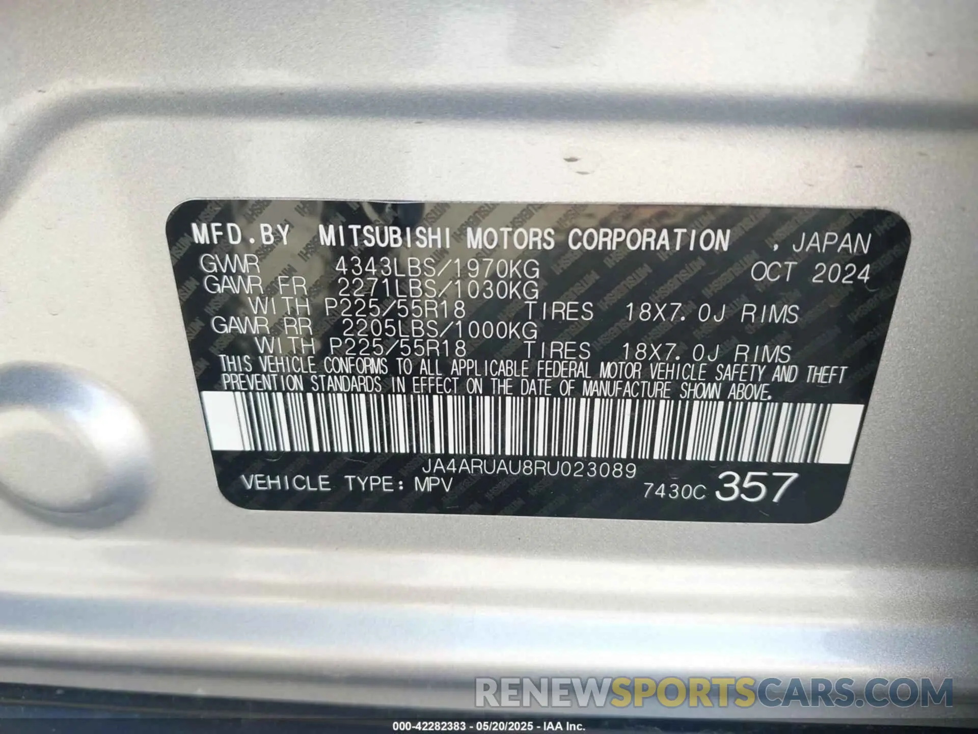 9 Photograph of a damaged car JA4ARUAU8RU023089 MITSUBISHI OUTLANDER SPORT 2024