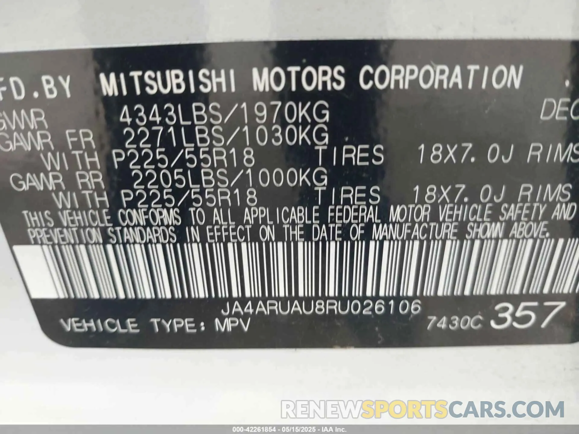 9 Photograph of a damaged car JA4ARUAU8RU026106 MITSUBISHI OUTLANDER SPORT 2024