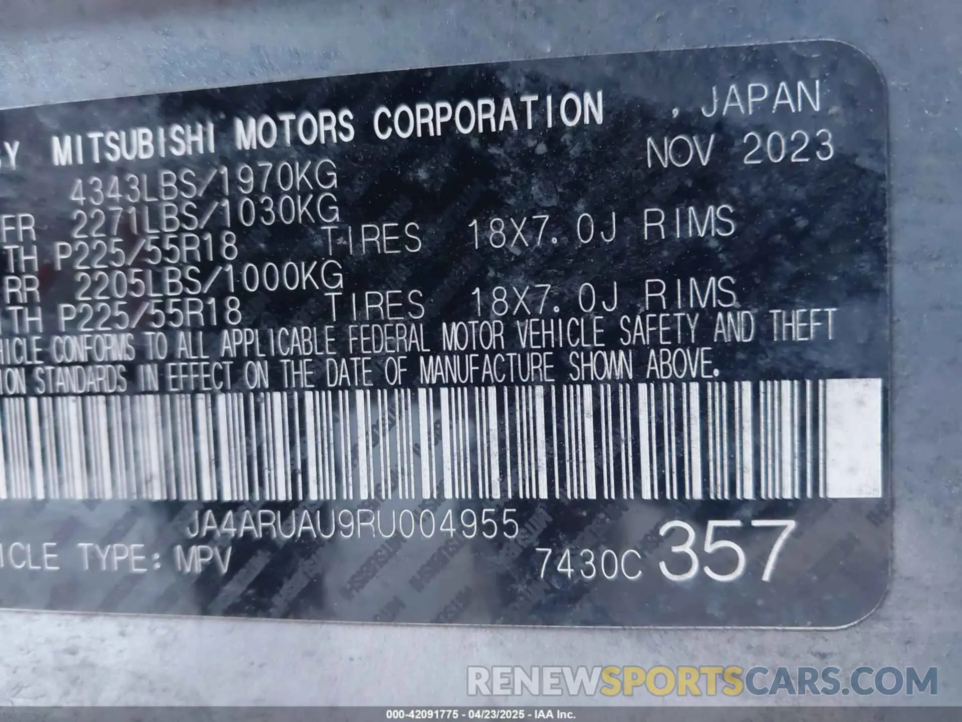 9 Photograph of a damaged car JA4ARUAU9RU004955 MITSUBISHI OUTLANDER SPORT 2024