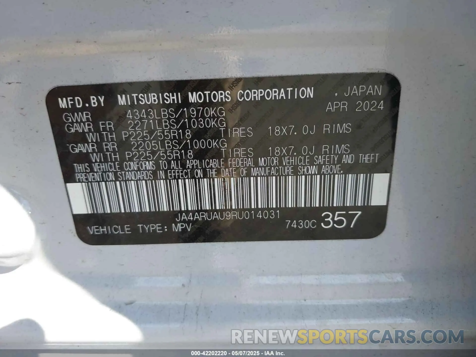 9 Photograph of a damaged car JA4ARUAU9RU014031 MITSUBISHI OUTLANDER SPORT 2024